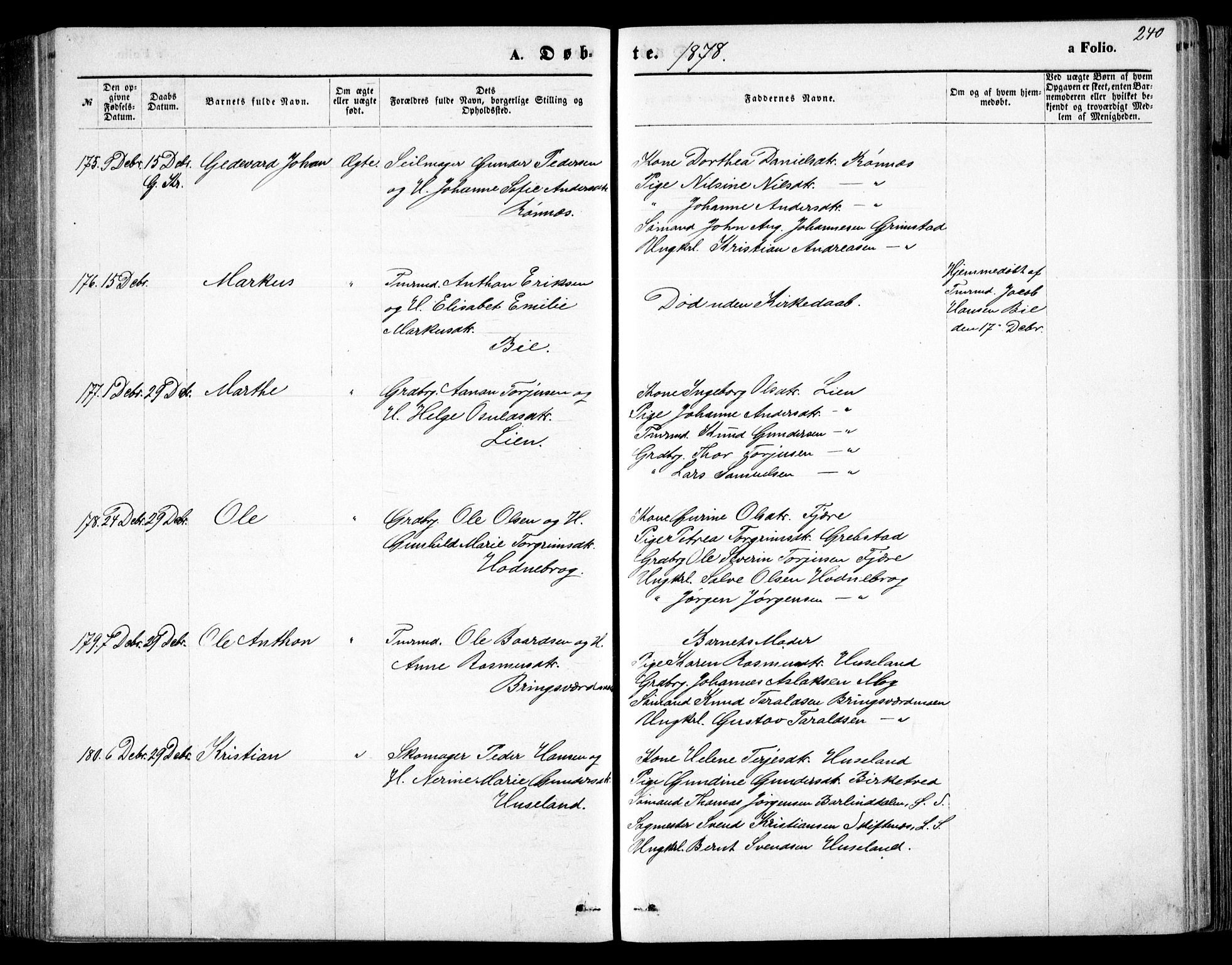 Fjære sokneprestkontor, AV/SAK-1111-0011/F/Fb/L0010: Klokkerbok nr. B 10, 1871-1880, s. 240