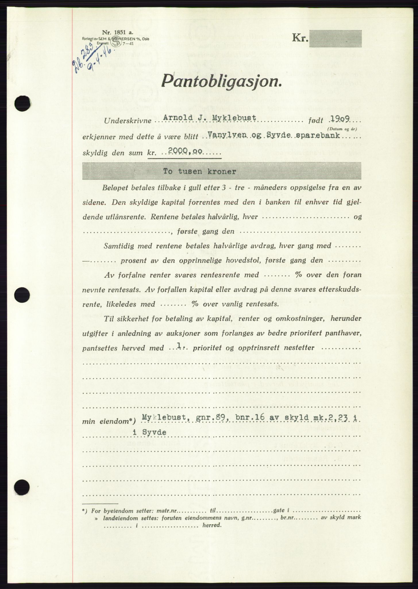 Søre Sunnmøre sorenskriveri, AV/SAT-A-4122/1/2/2C/L0114: Pantebok nr. 1-2B, 1943-1947, Dagboknr: 283/1946