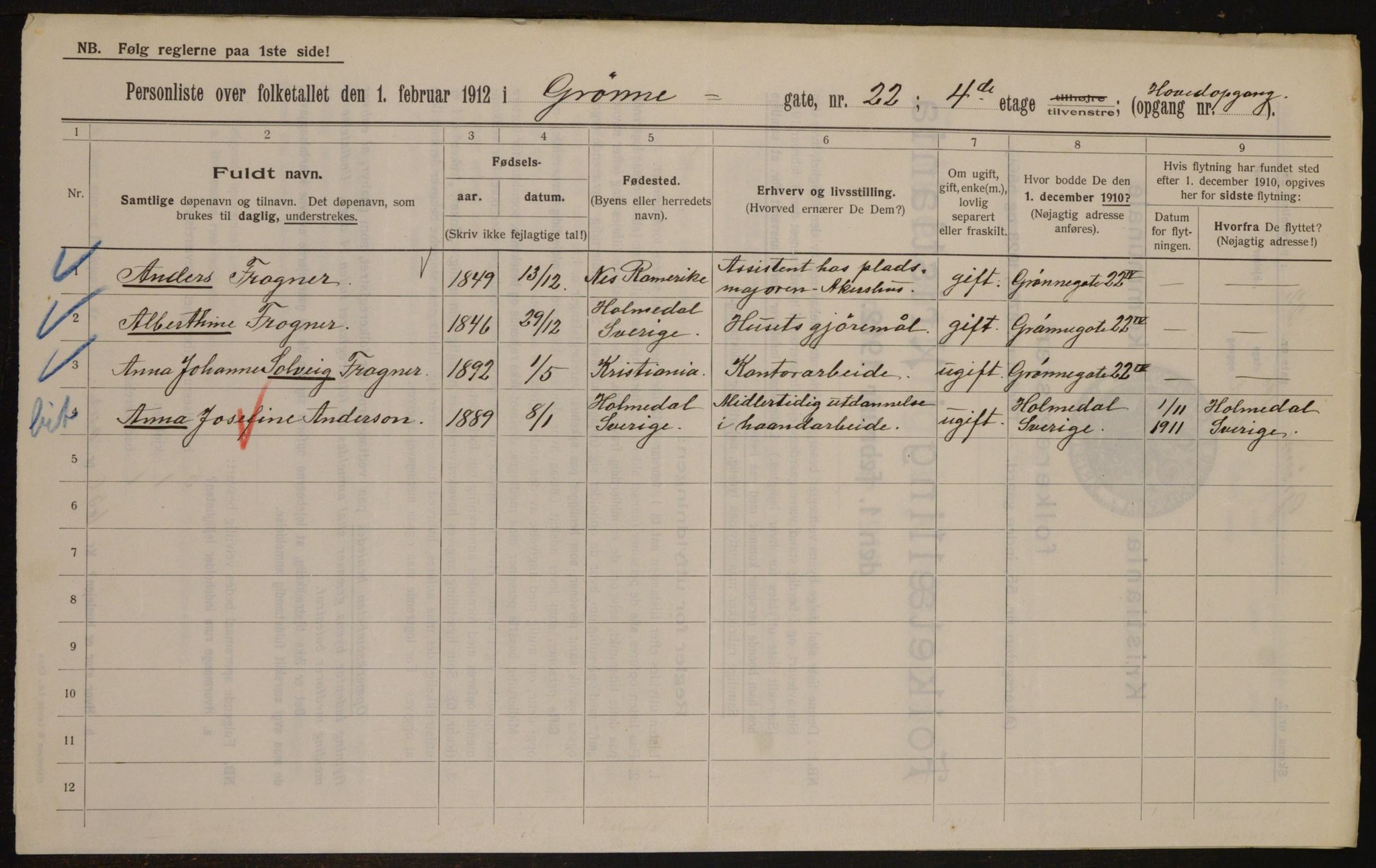 OBA, Kommunal folketelling 1.2.1912 for Kristiania, 1912, s. 32277