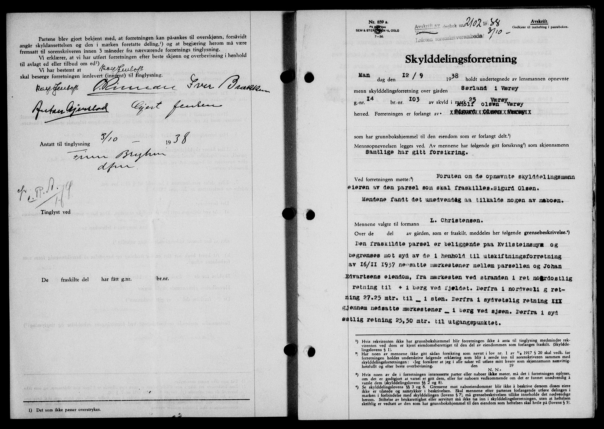 Lofoten sorenskriveri, SAT/A-0017/1/2/2C/L0004a: Pantebok nr. 4a, 1938-1938, Dagboknr: 2102/1938