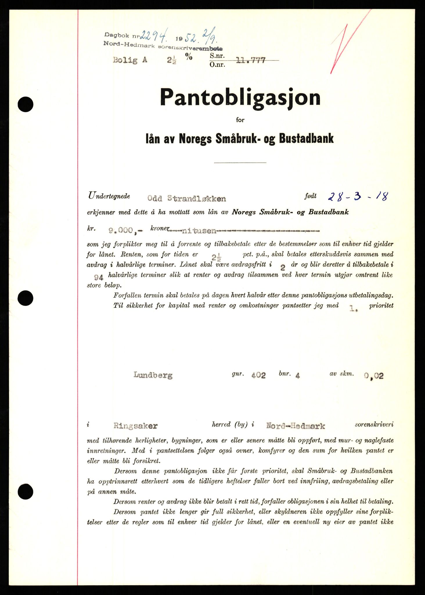 Nord-Hedmark sorenskriveri, SAH/TING-012/H/Hb/Hbf/L0025: Pantebok nr. B25, 1952-1952, Dagboknr: 2294/1952