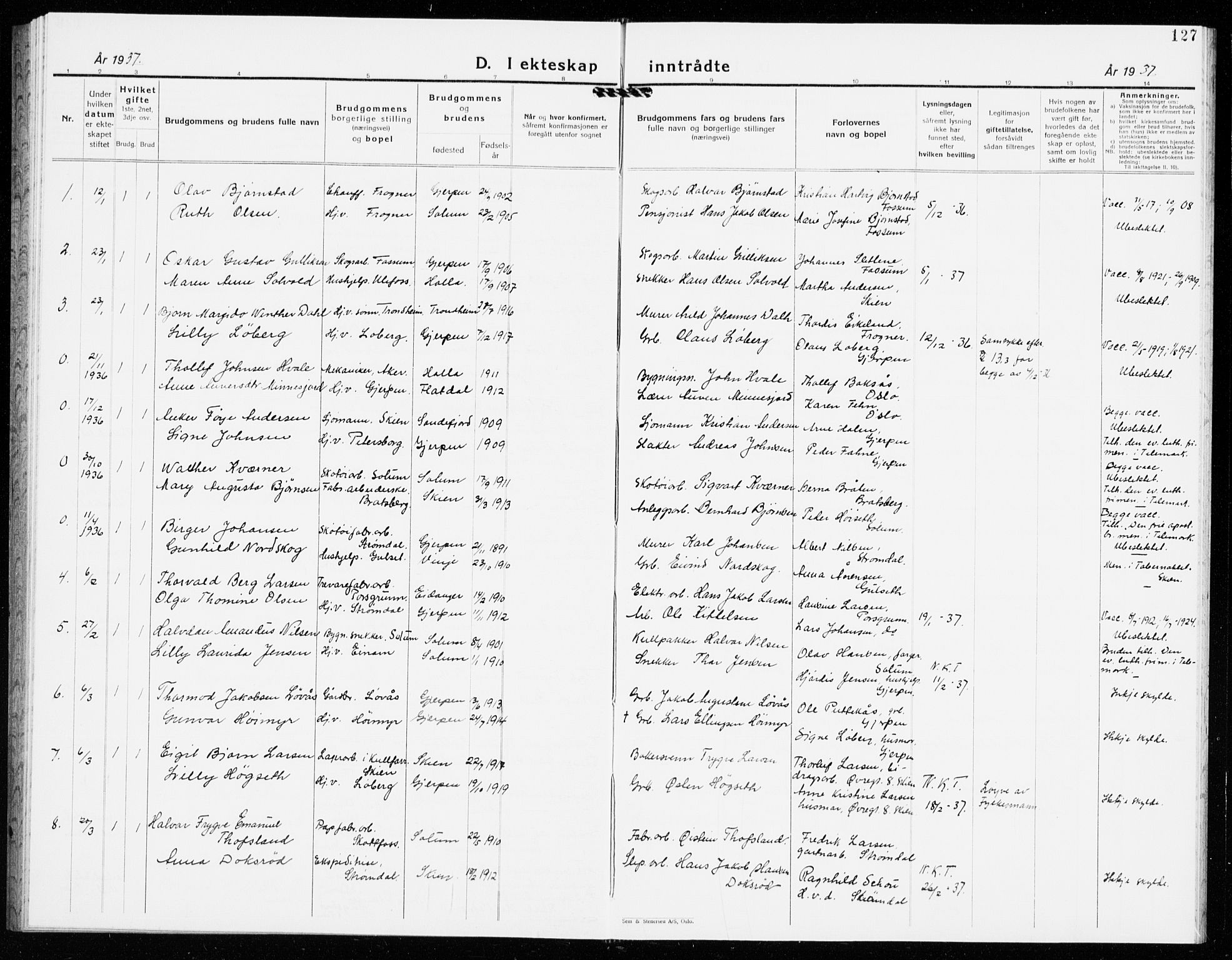 Gjerpen kirkebøker, AV/SAKO-A-265/G/Ga/L0005: Klokkerbok nr. I 5, 1932-1940, s. 127