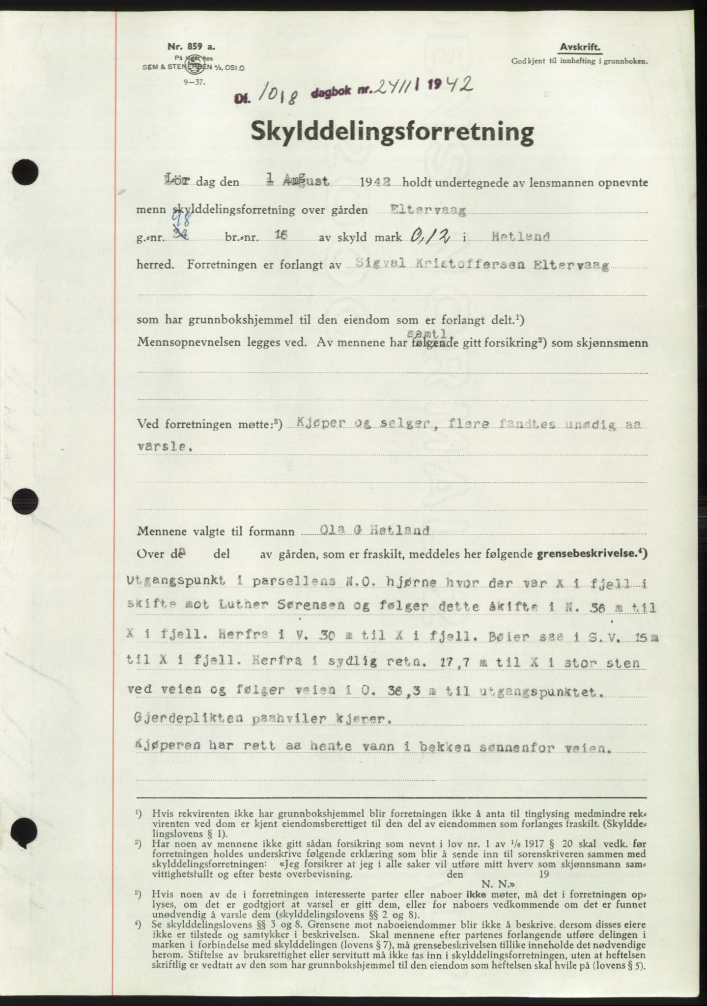 Jæren sorenskriveri, SAST/A-100310/03/G/Gba/L0083: Pantebok, 1942-1942, Dagboknr: 2411/1942