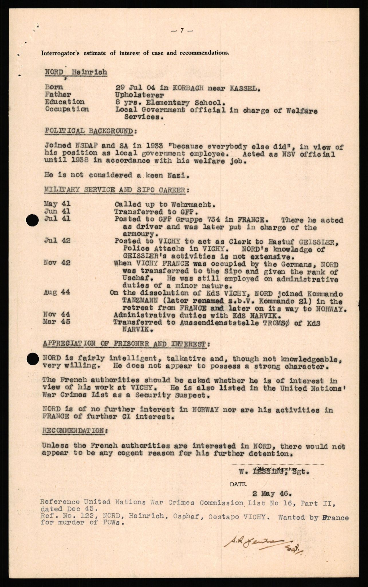 Forsvaret, Forsvarets overkommando II, AV/RA-RAFA-3915/D/Db/L0024: CI Questionaires. Tyske okkupasjonsstyrker i Norge. Tyskere., 1945-1946, s. 340