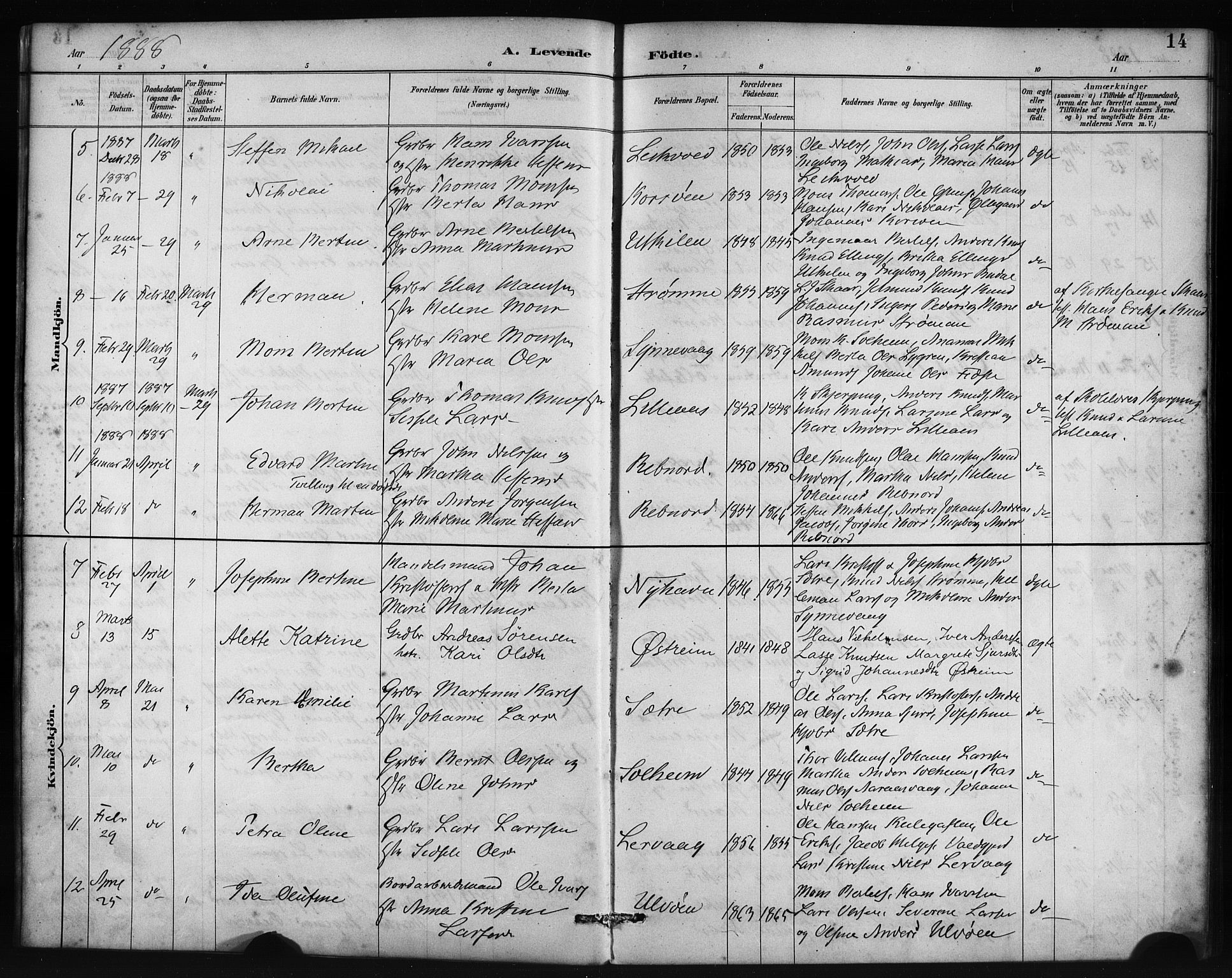 Lindås Sokneprestembete, AV/SAB-A-76701/H/Haa/Haac/L0001: Ministerialbok nr. C 1, 1886-1896, s. 14