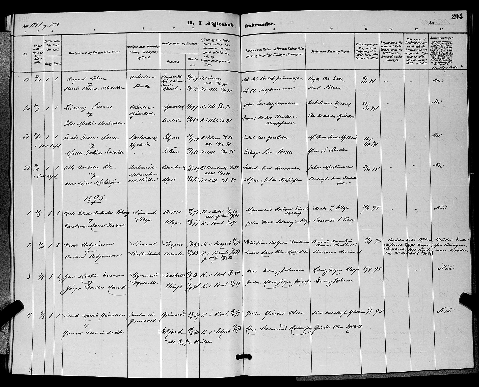 Bamble kirkebøker, AV/SAKO-A-253/G/Ga/L0009: Klokkerbok nr. I 9, 1888-1900, s. 294