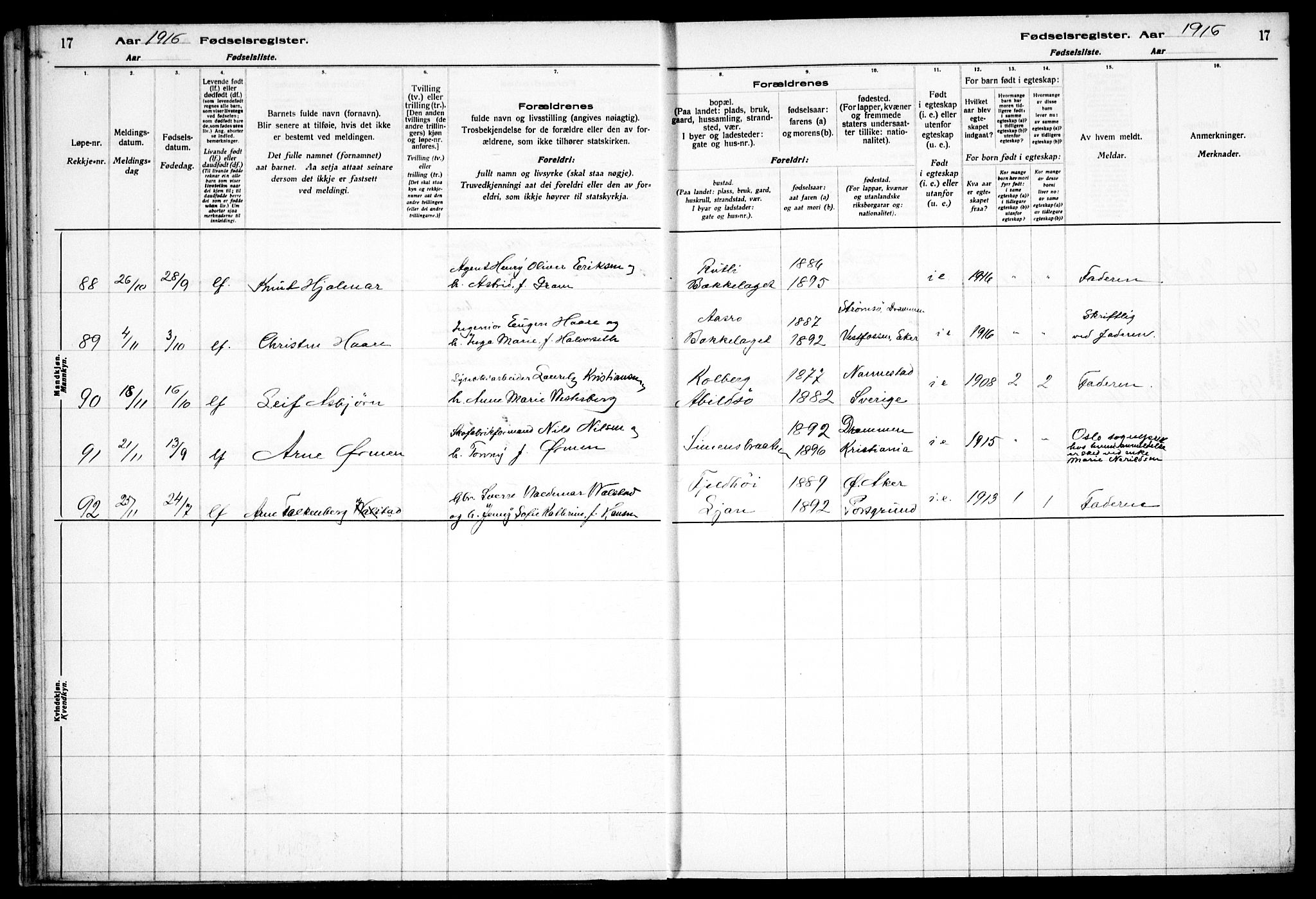 Nordstrand prestekontor Kirkebøker, AV/SAO-A-10362a/J/Ja/L0001: Fødselsregister nr. I 1, 1916-1924, s. 17