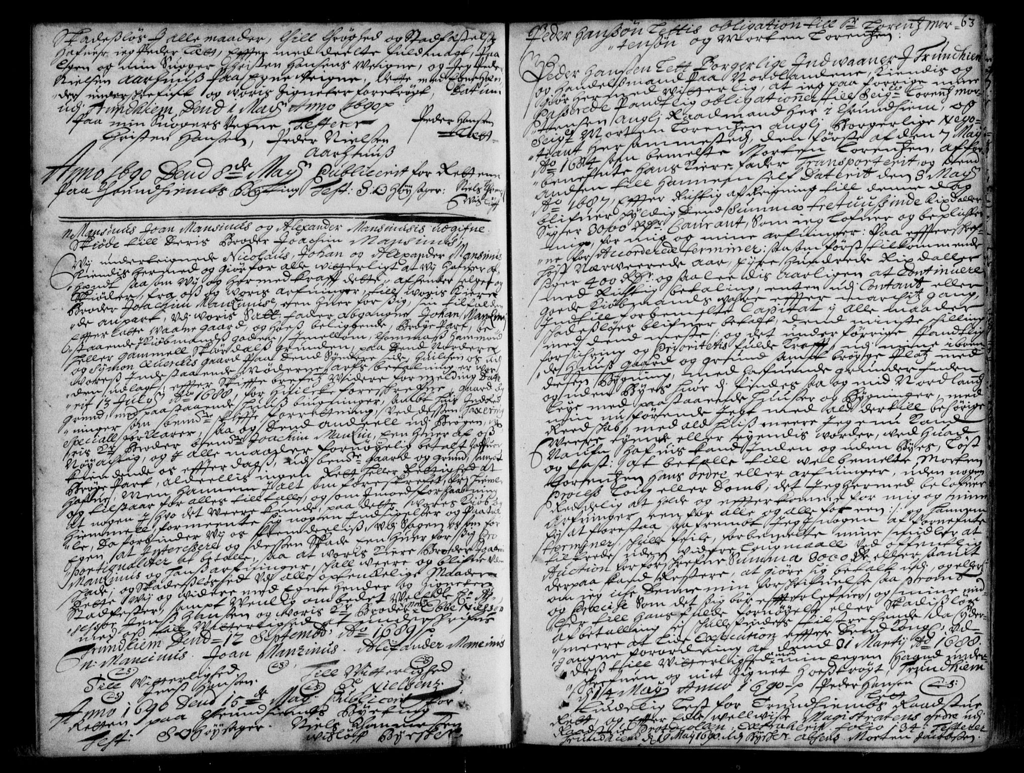 Trondheim byfogd, AV/SAT-A-0003/1/2/2C/L0003: Pantebok nr. 1a, 1688-1700, s. 63