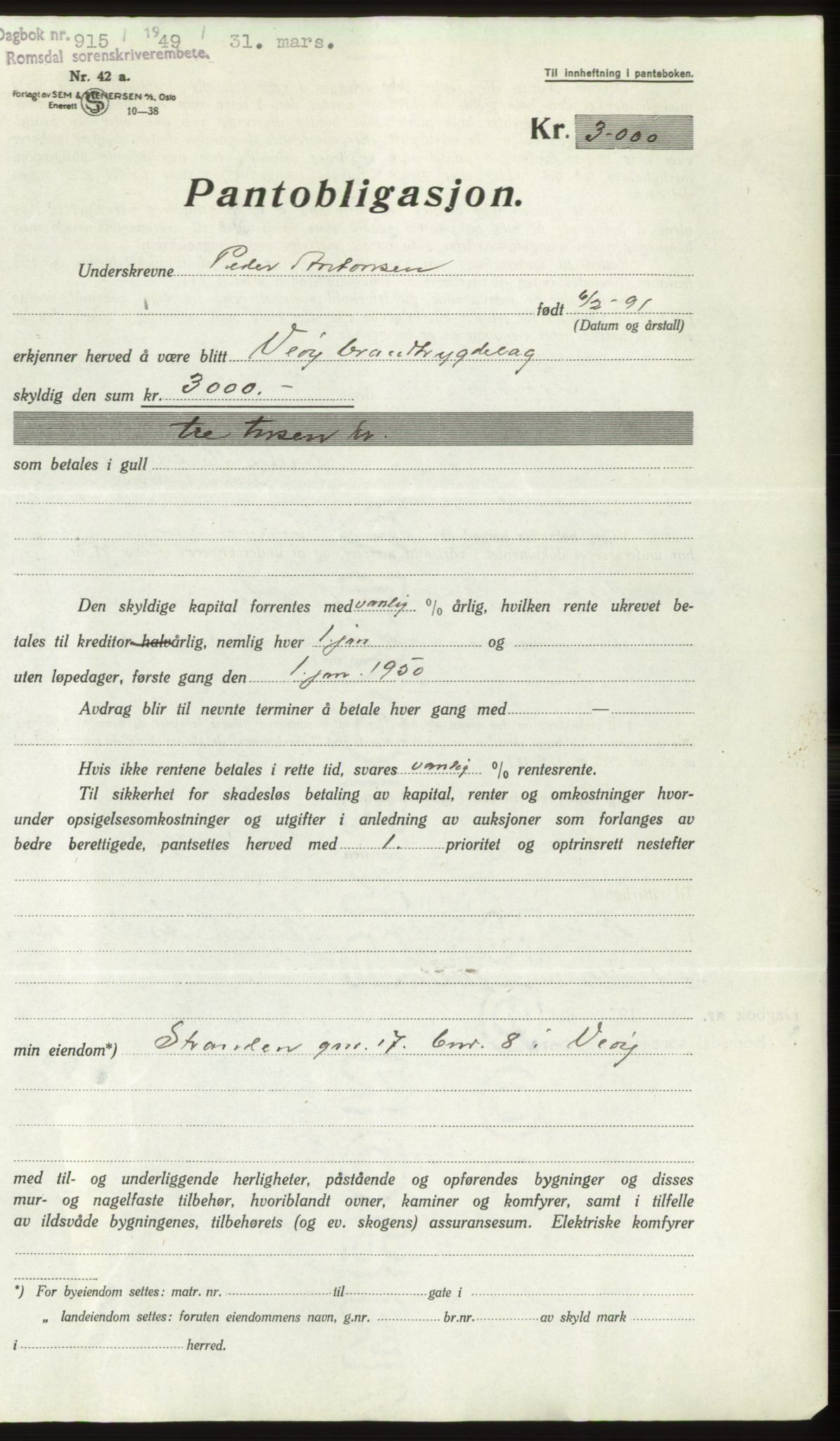 Romsdal sorenskriveri, SAT/A-4149/1/2/2C: Pantebok nr. B4, 1948-1949, Dagboknr: 915/1949