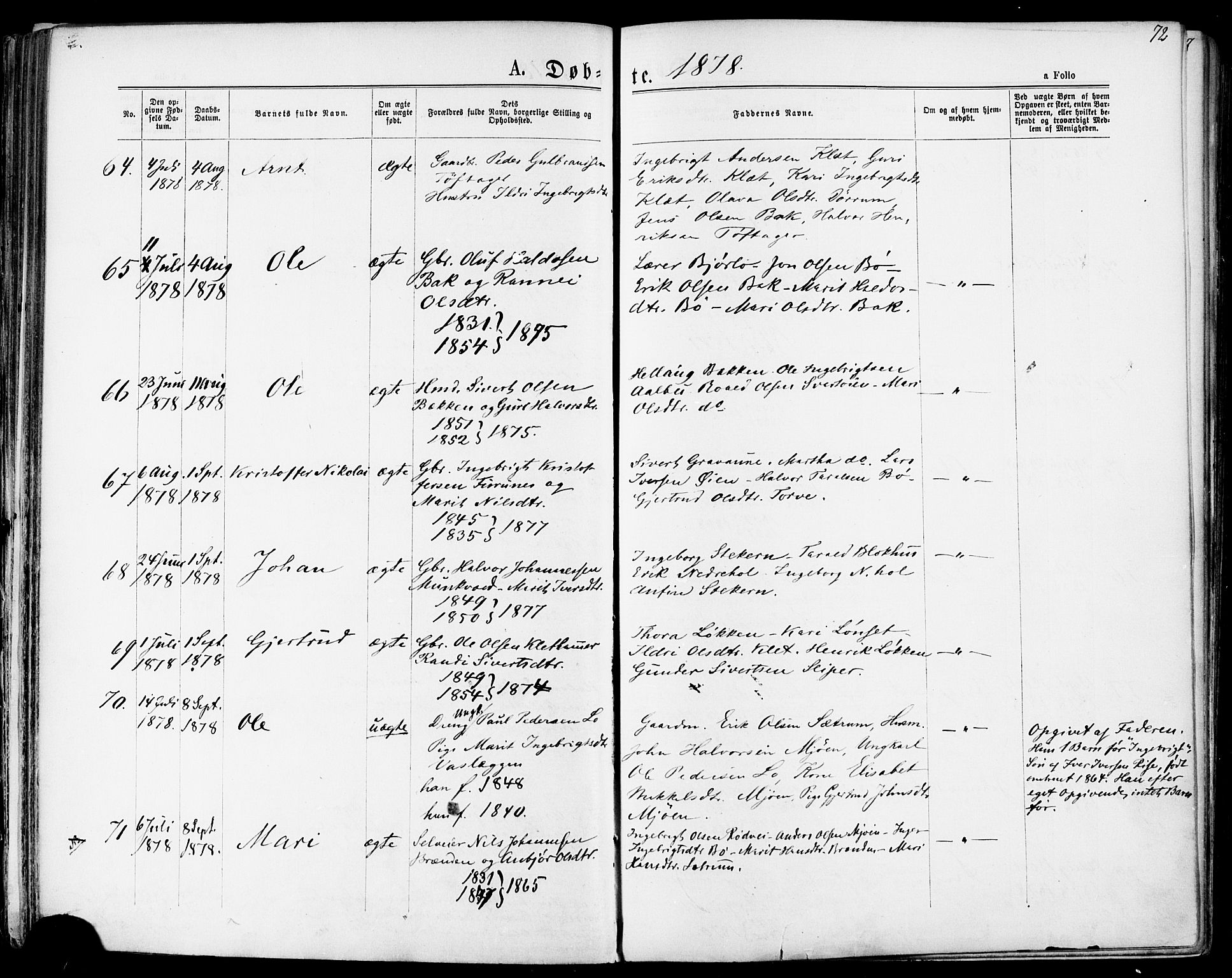 Ministerialprotokoller, klokkerbøker og fødselsregistre - Sør-Trøndelag, AV/SAT-A-1456/678/L0900: Ministerialbok nr. 678A09, 1872-1881, s. 72