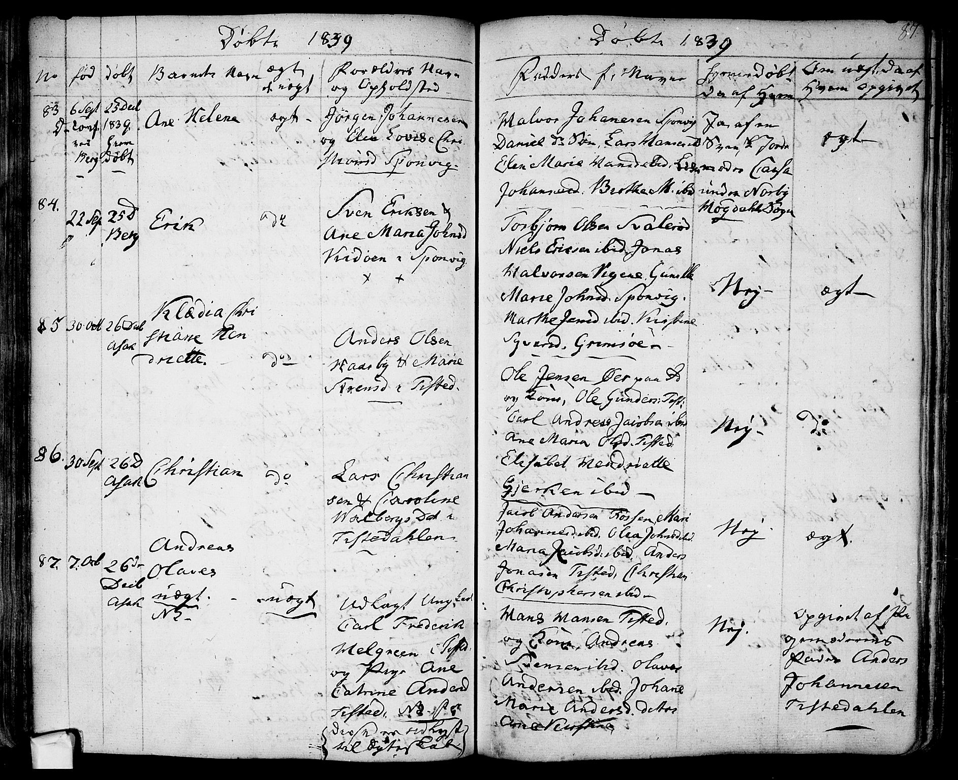 Berg prestekontor Kirkebøker, AV/SAO-A-10902/F/Fa/L0003: Ministerialbok nr. I 3, 1832-1842, s. 87