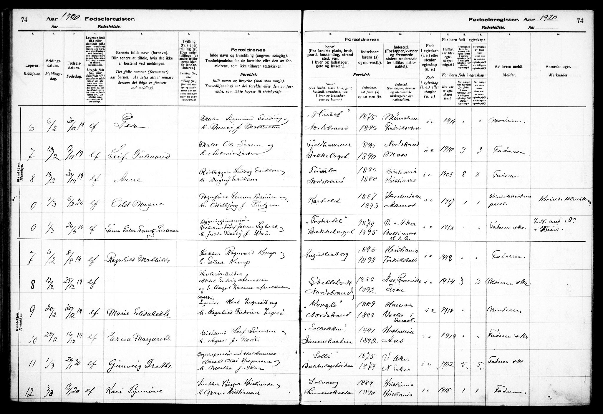 Nordstrand prestekontor Kirkebøker, AV/SAO-A-10362a/J/Ja/L0001: Fødselsregister nr. I 1, 1916-1924, s. 74