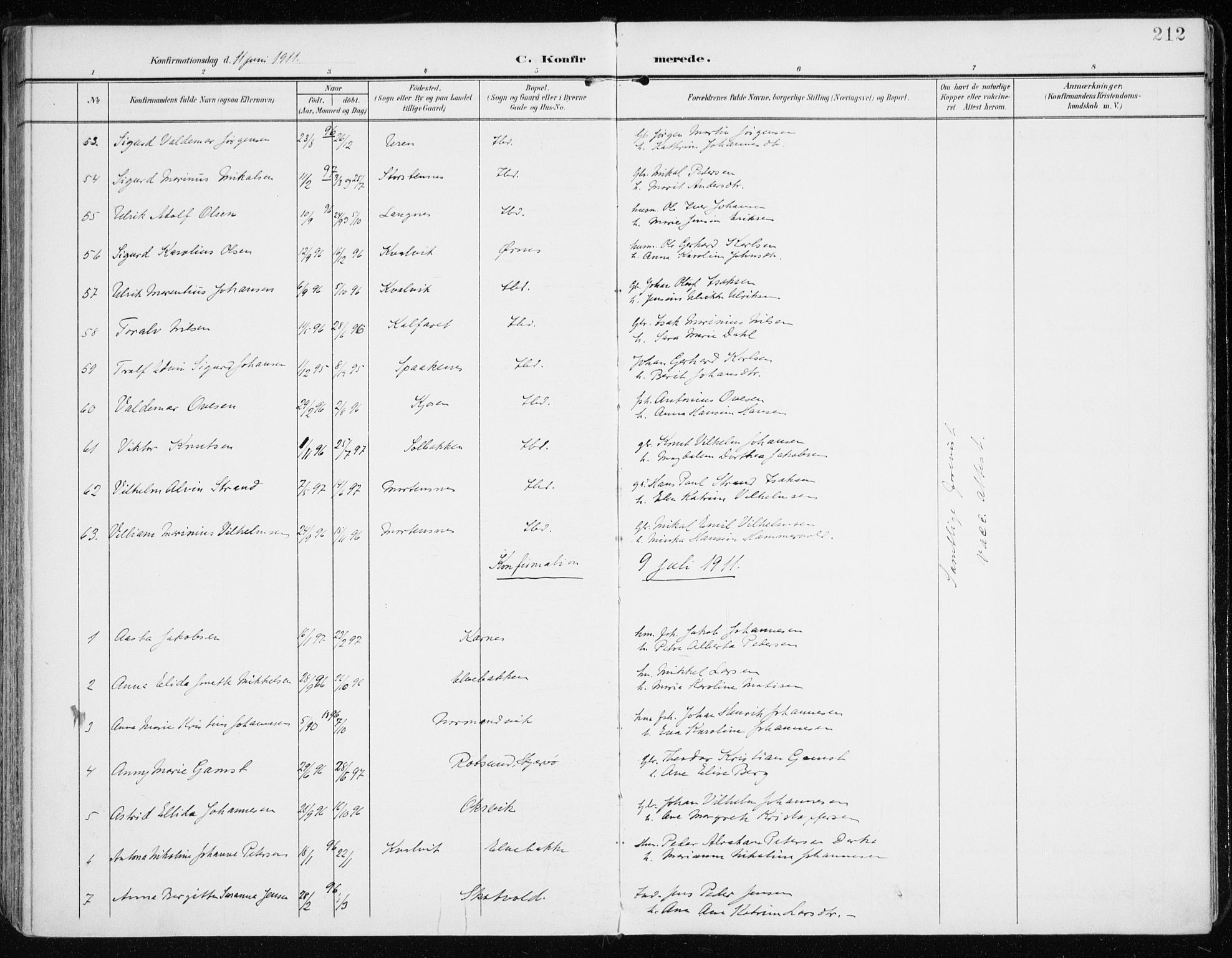 Lyngen sokneprestembete, AV/SATØ-S-1289/H/He/Hea/L0011kirke: Ministerialbok nr. 11, 1903-1913, s. 212