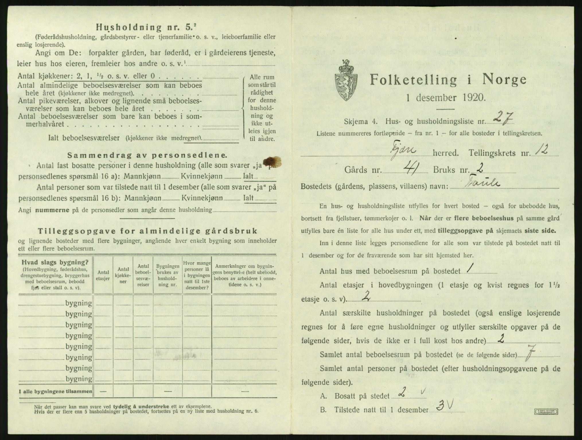 SAK, Folketelling 1920 for 0923 Fjære herred, 1920, s. 2103