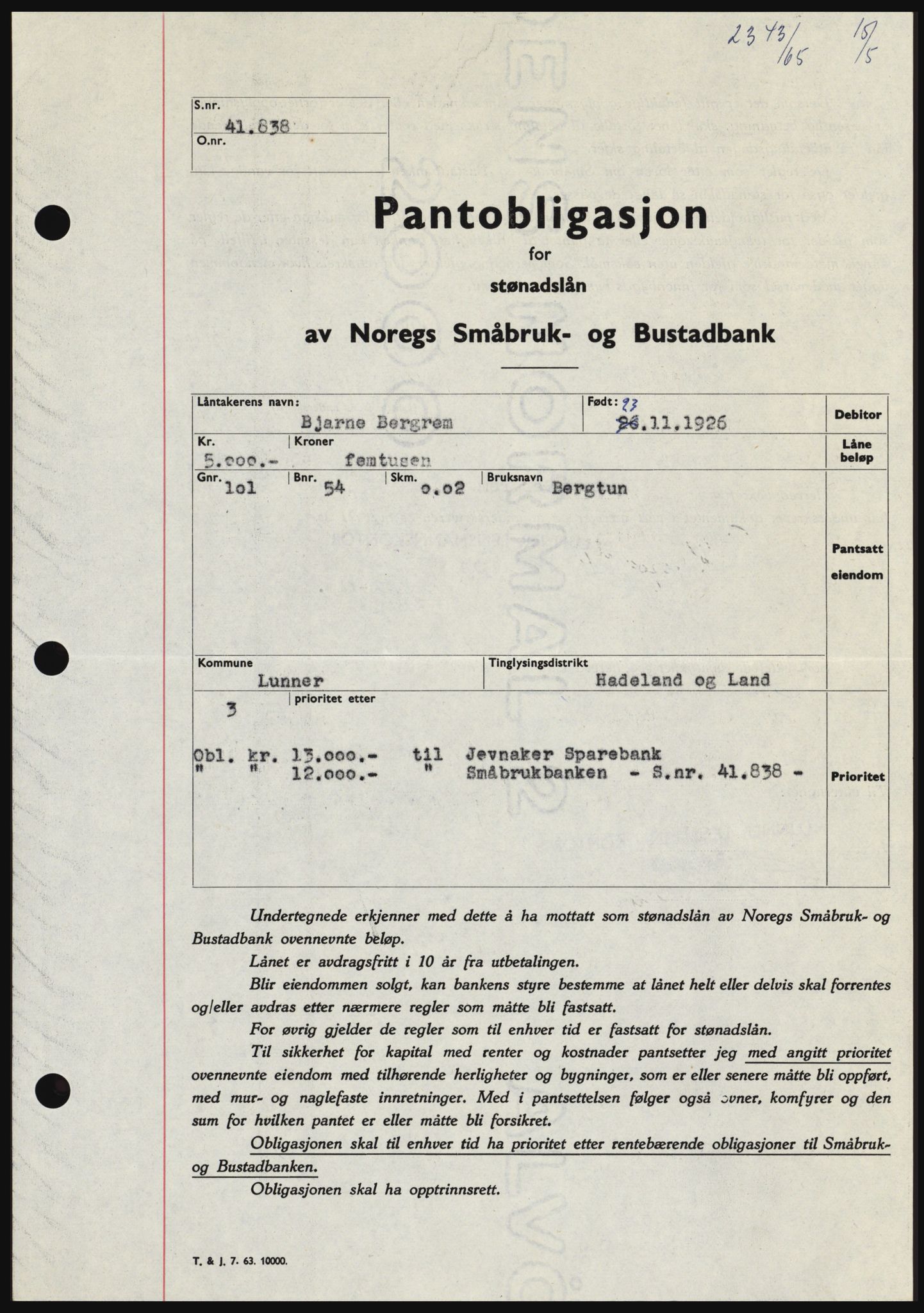 Hadeland og Land tingrett, SAH/TING-010/H/Hb/Hbc/L0058: Pantebok nr. B58, 1965-1965, Dagboknr: 2343/1965