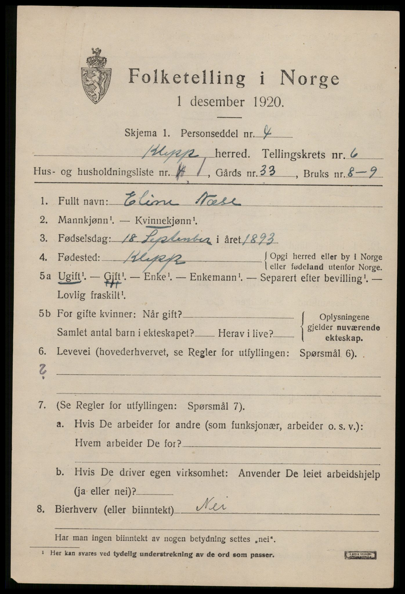 SAST, Folketelling 1920 for 1120 Klepp herred, 1920, s. 6022