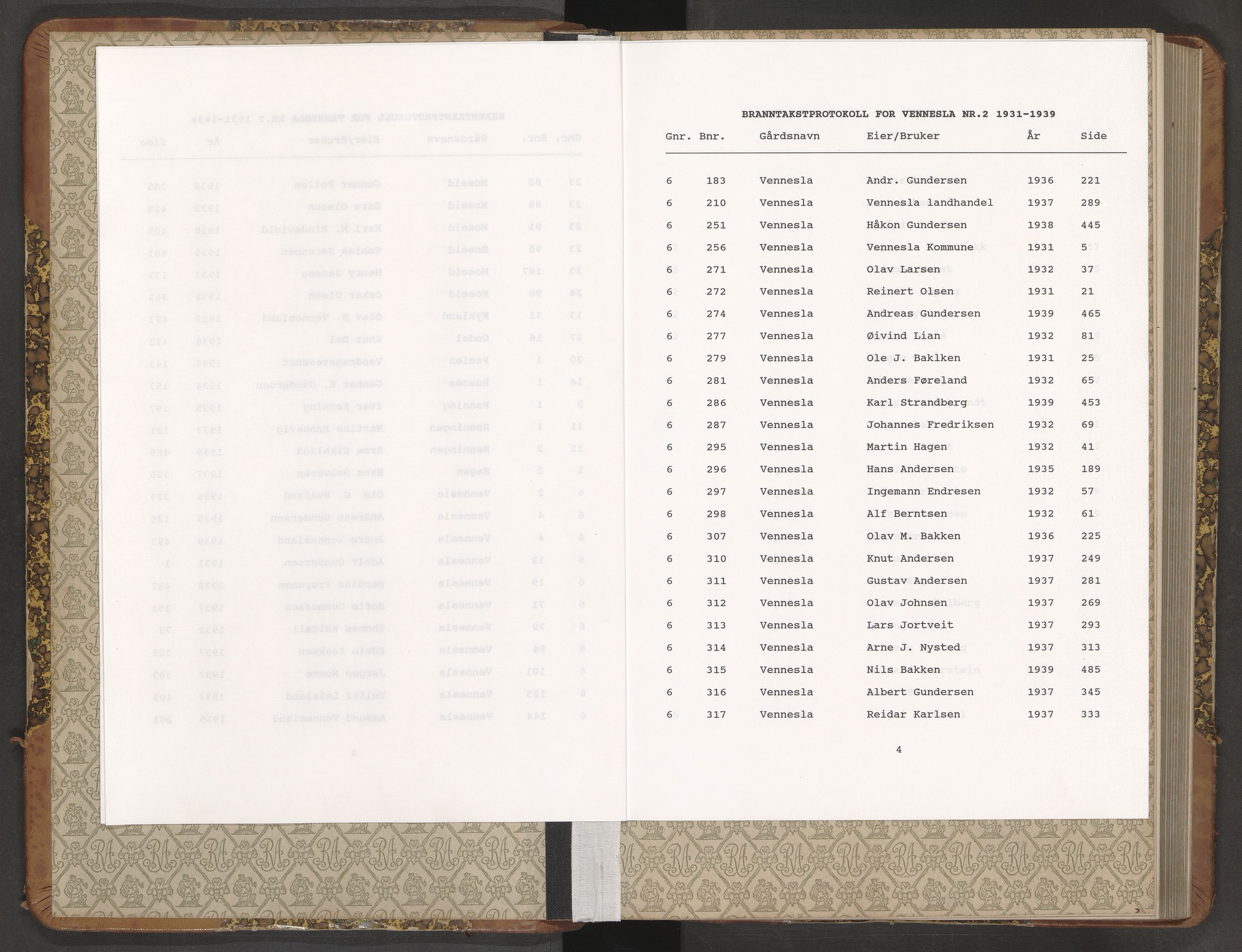 Norges Brannkasse Vennesla, AV/SAK-2241-0055/F/Fa/L0002: Branntakstprotokoll nr. 2 med gårdsnavnregister, 1931-1939