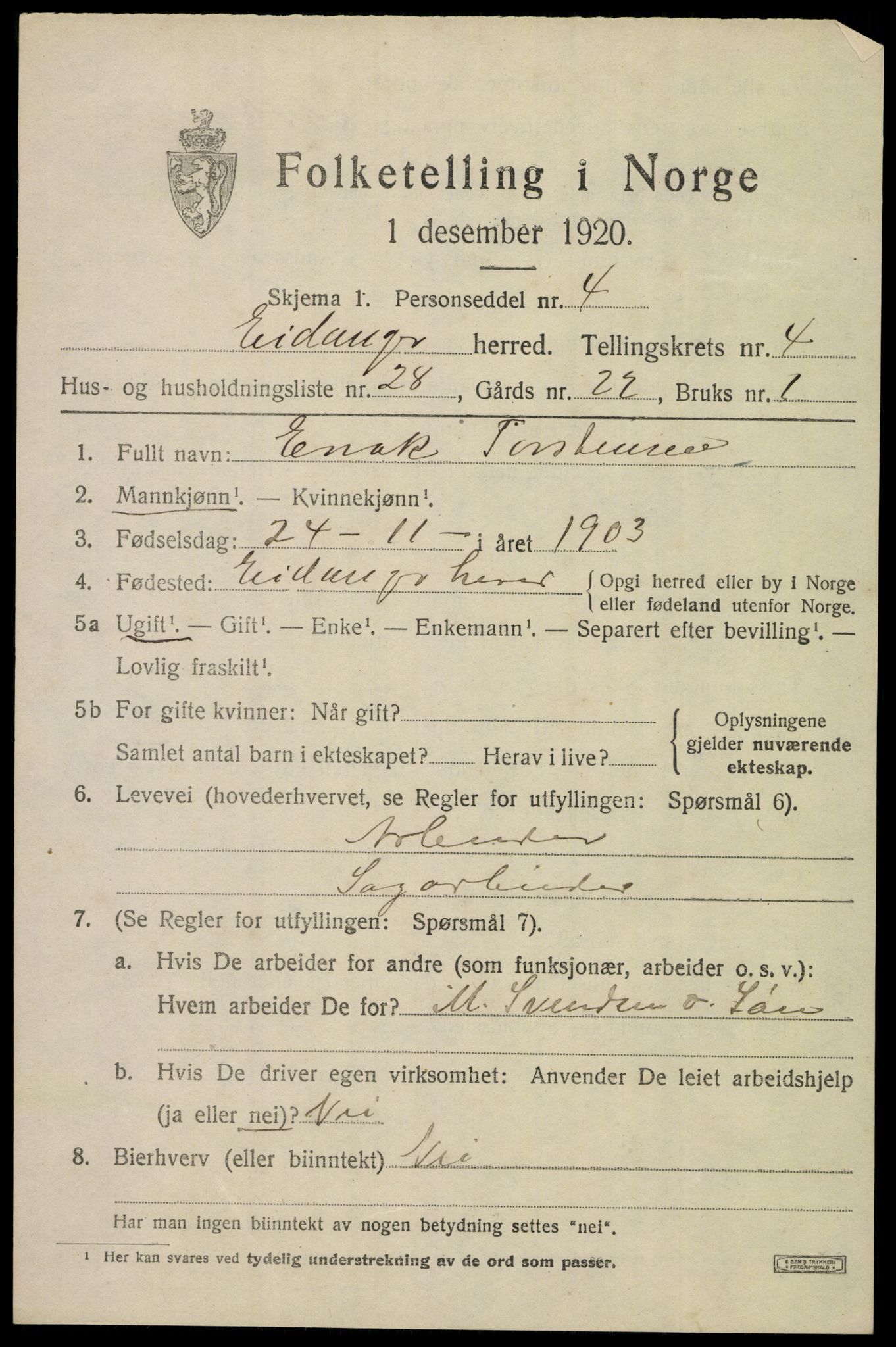 SAKO, Folketelling 1920 for 0813 Eidanger herred, 1920, s. 4092