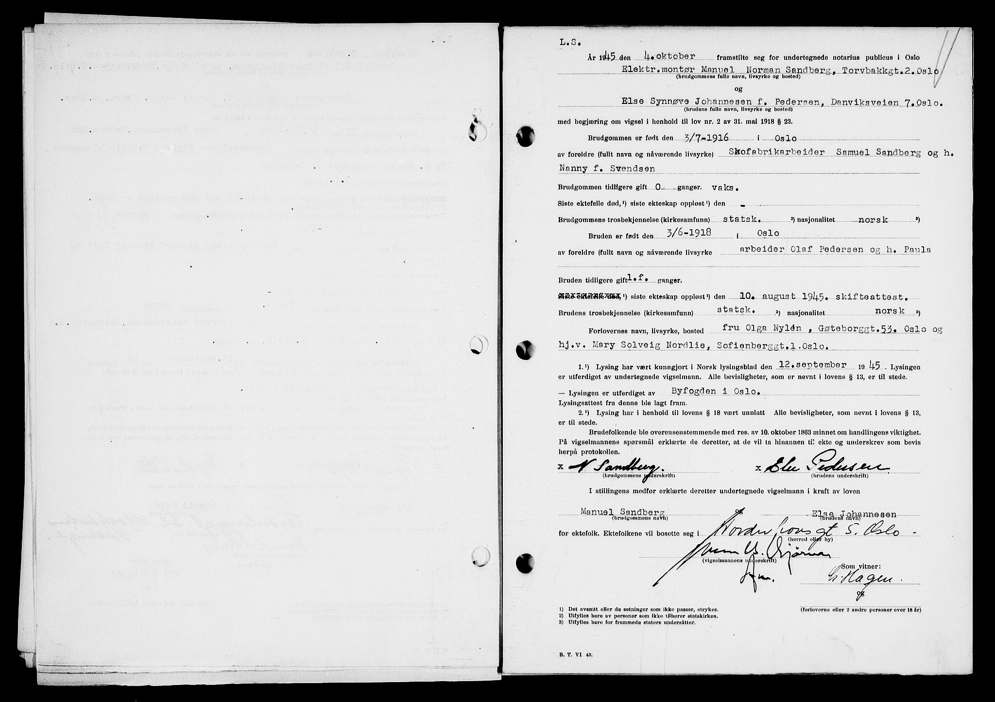 Oslo byfogd avd. I, AV/SAO-A-10220/L/Lb/Lbb/L0055: Notarialprotokoll, rekke II: Vigsler, 1945-1946