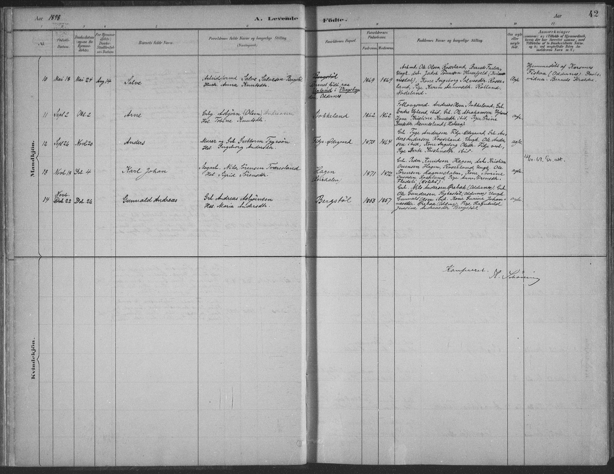 Søgne sokneprestkontor, AV/SAK-1111-0037/F/Fa/Faa/L0003: Ministerialbok nr. A 3, 1883-1910, s. 42