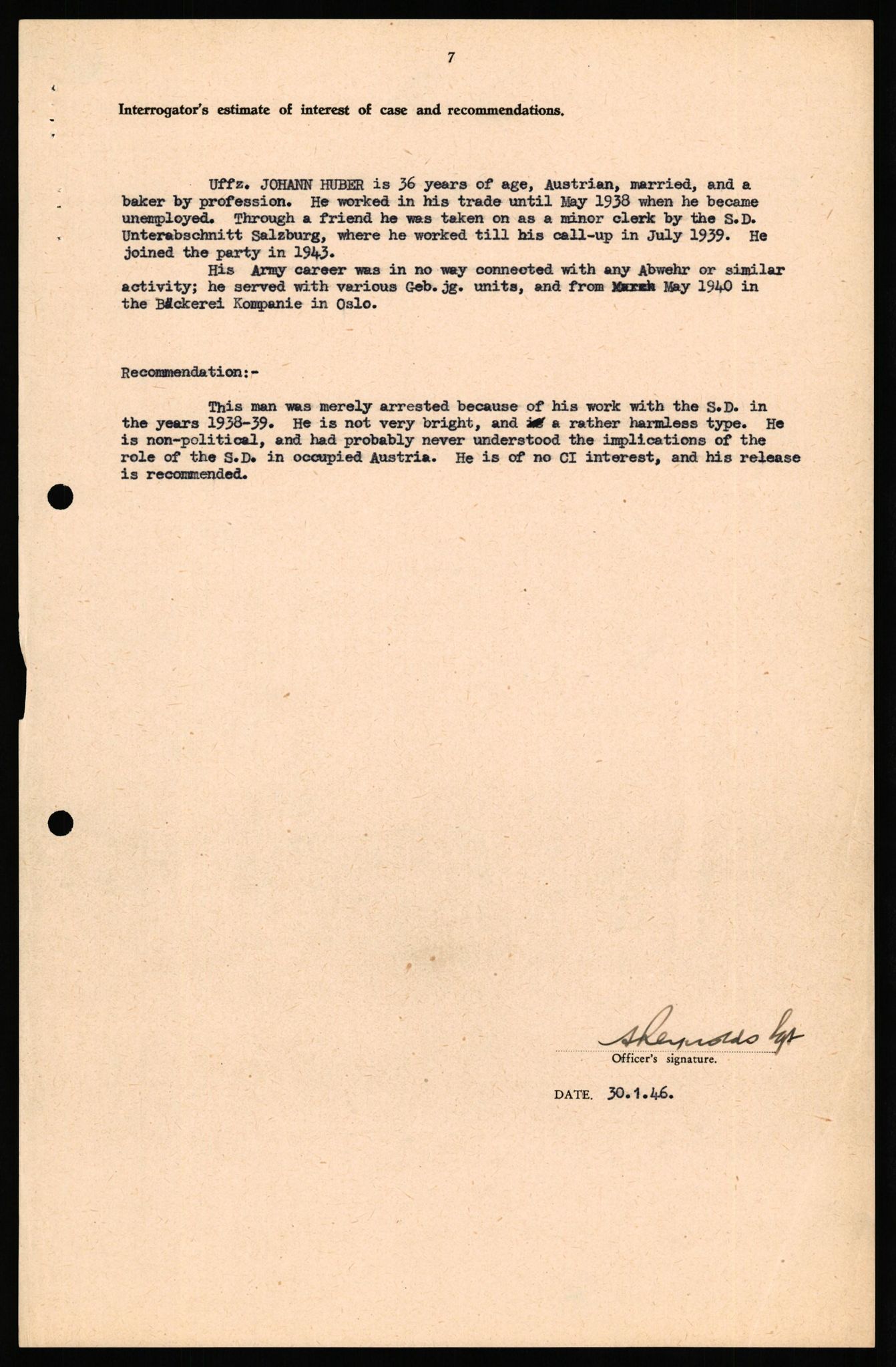 Forsvaret, Forsvarets overkommando II, AV/RA-RAFA-3915/D/Db/L0039: CI Questionaires. Tyske okkupasjonsstyrker i Norge. Østerrikere., 1945-1946, s. 73