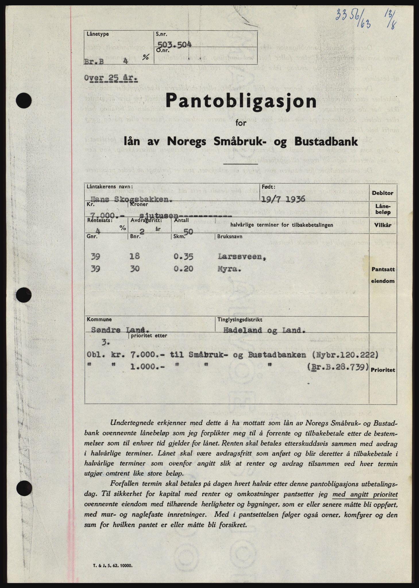 Hadeland og Land tingrett, SAH/TING-010/H/Hb/Hbc/L0052: Pantebok nr. B52, 1963-1963, Dagboknr: 3356/1963