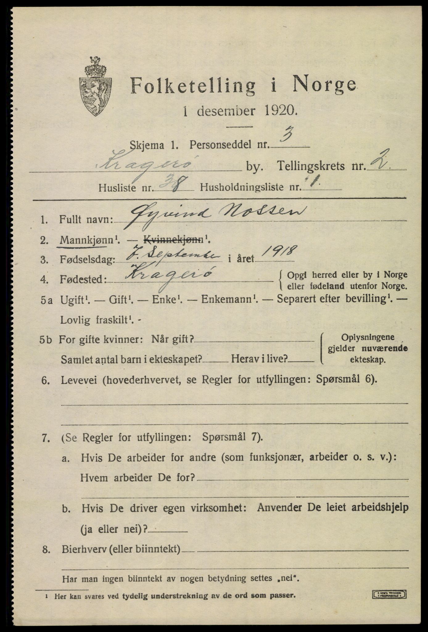 SAKO, Folketelling 1920 for 0801 Kragerø kjøpstad, 1920, s. 5809