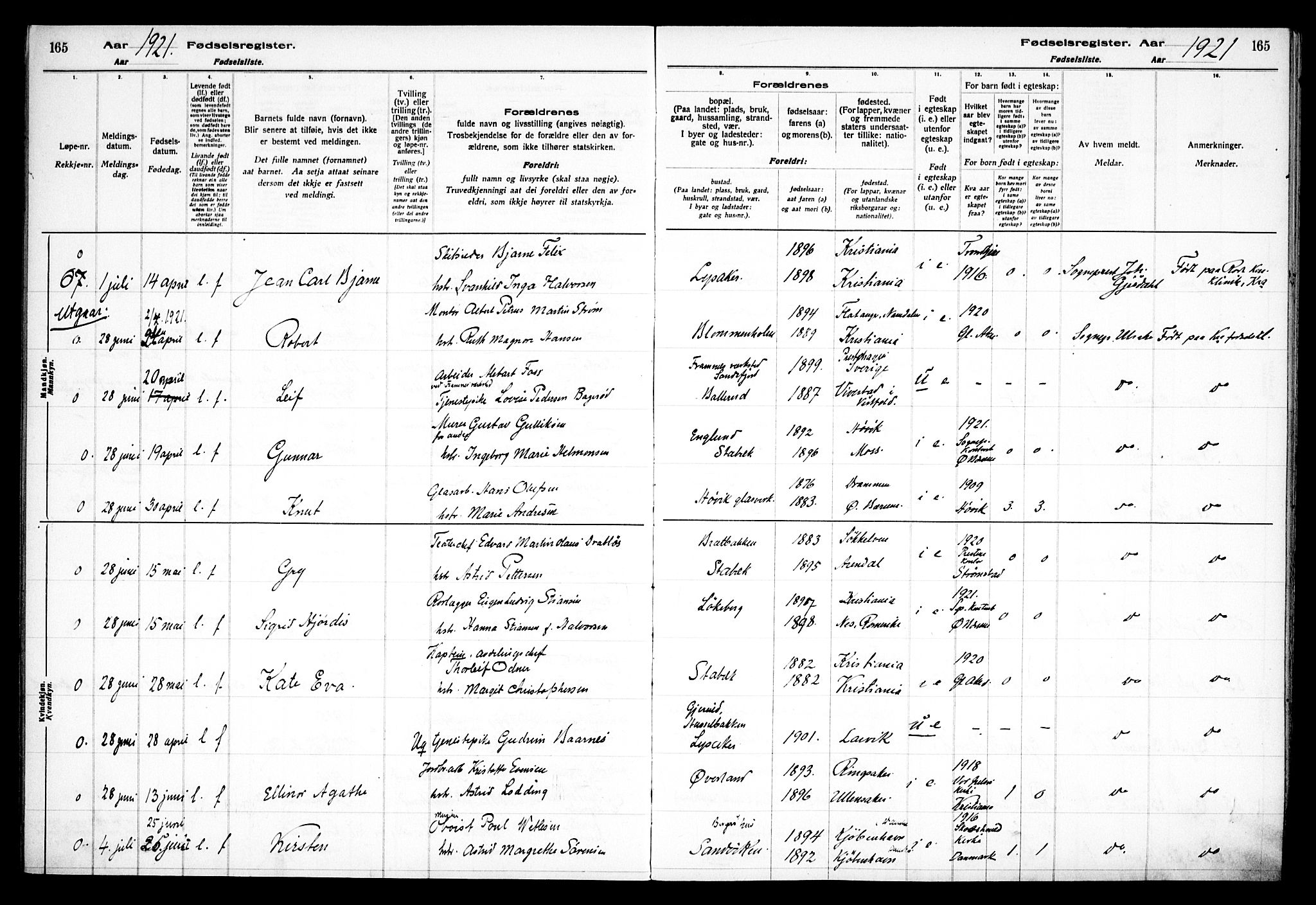 Østre Bærum prestekontor Kirkebøker, AV/SAO-A-10887/J/Ja/L0001: Fødselsregister nr. 1, 1916-1922, s. 165