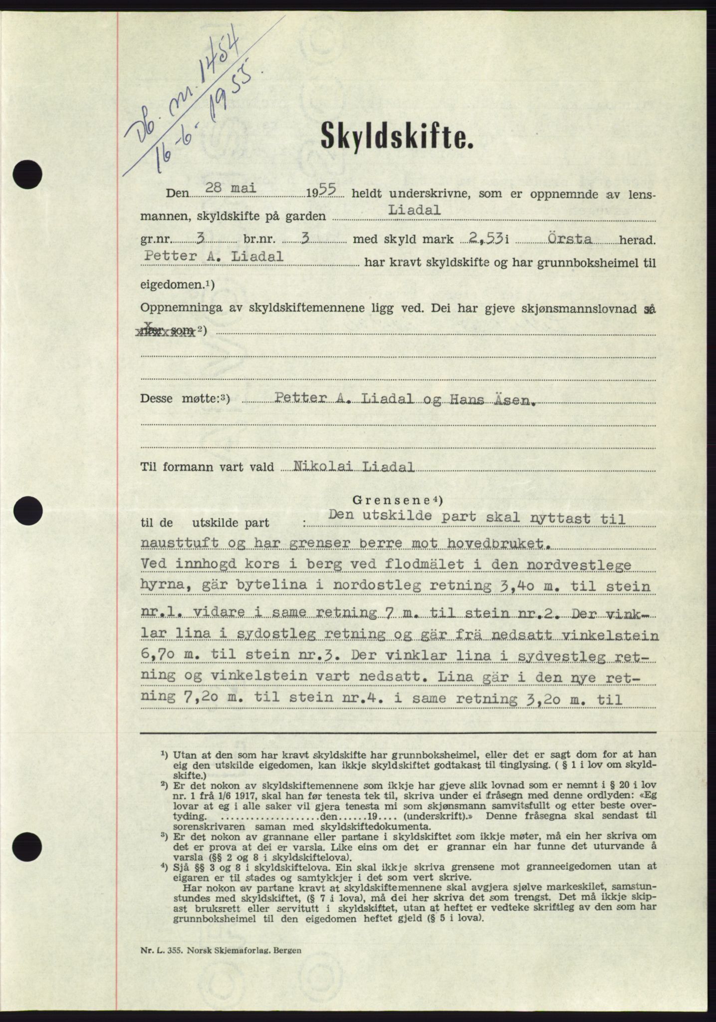 Søre Sunnmøre sorenskriveri, AV/SAT-A-4122/1/2/2C/L0101: Pantebok nr. 27A, 1955-1955, Dagboknr: 1454/1955