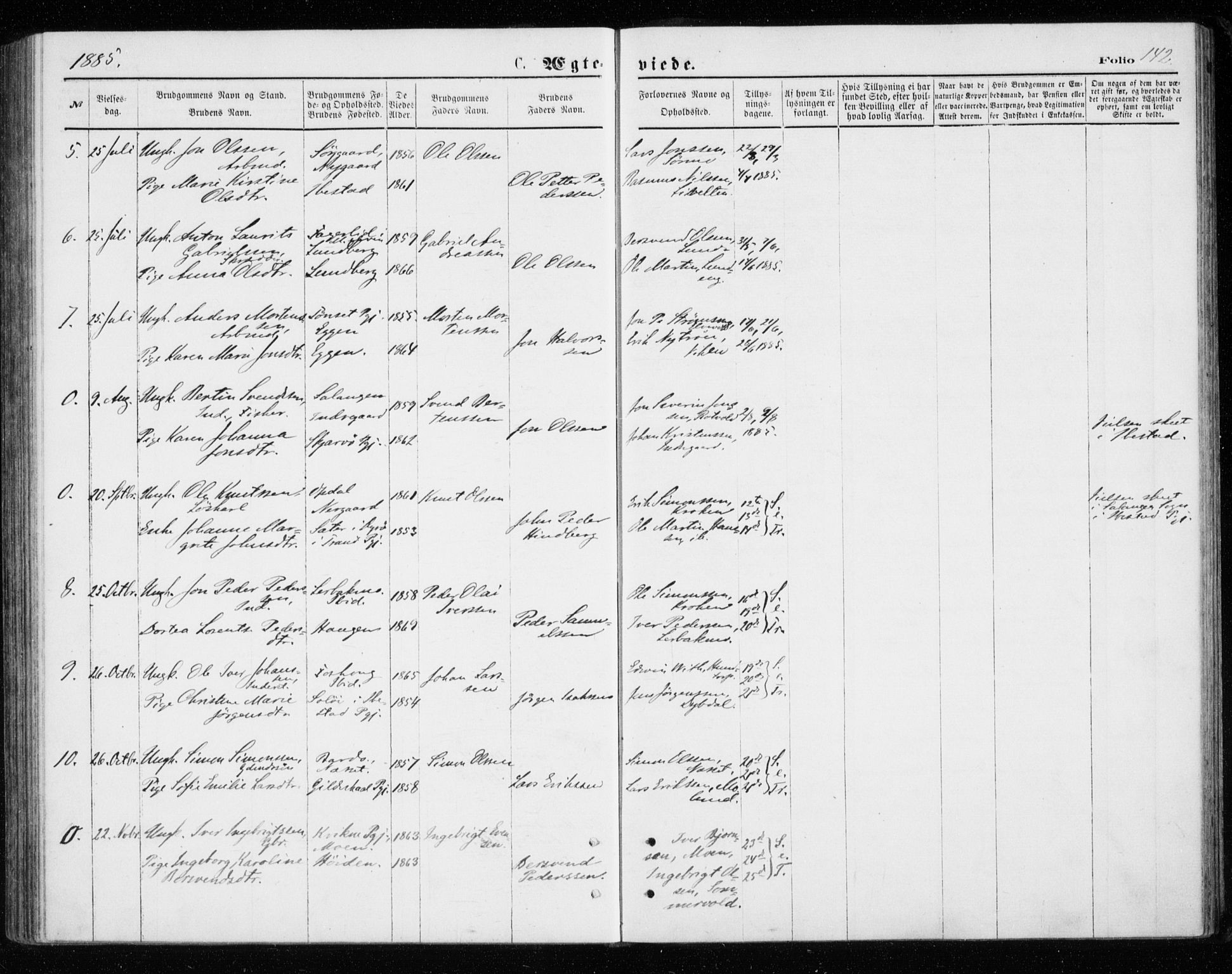 Målselv sokneprestembete, AV/SATØ-S-1311/G/Ga/Gab/L0007klokker: Klokkerbok nr. 7, 1876-1895, s. 142