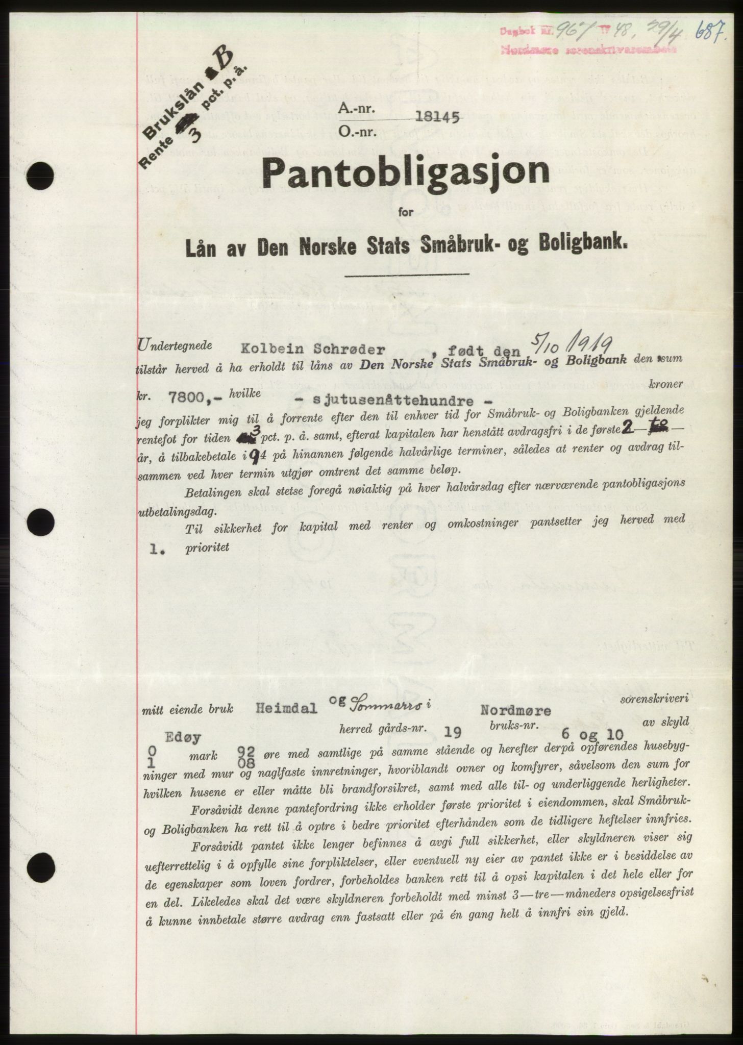 Nordmøre sorenskriveri, SAT/A-4132/1/2/2Ca: Pantebok nr. B98, 1948-1948, Dagboknr: 967/1948