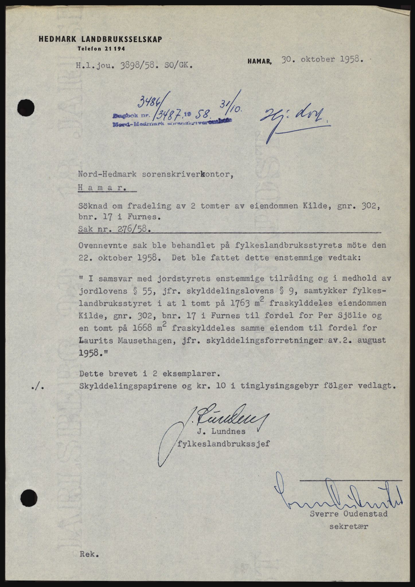 Nord-Hedmark sorenskriveri, SAH/TING-012/H/Hc/L0012: Pantebok nr. 12, 1957-1958, Dagboknr: 3486/1958