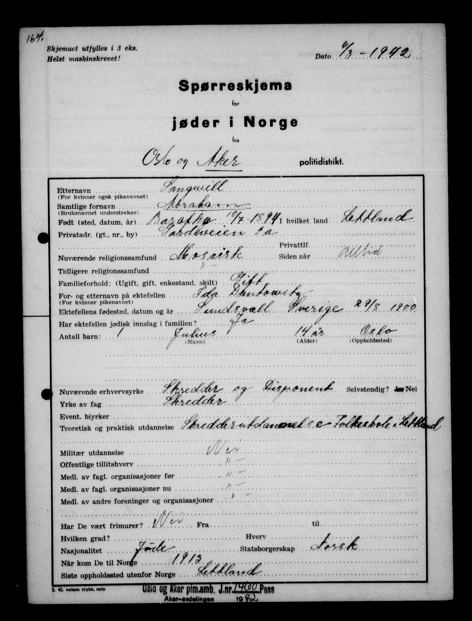 Statspolitiet - Hovedkontoret / Osloavdelingen, AV/RA-S-1329/G/Ga/L0012: Spørreskjema for jøder i Norge. 1: Aker 114- 207 (Levinson-Wozak) og 656 (Salomon). 2: Arendal-Hordaland. 3: Horten-Romerike.  , 1942, s. 156