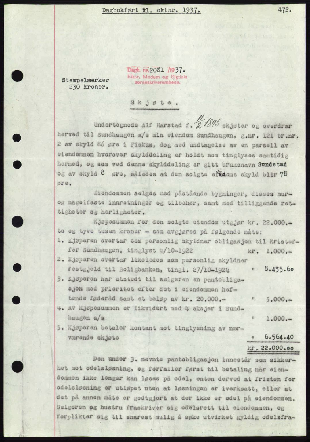 Eiker, Modum og Sigdal sorenskriveri, SAKO/A-123/G/Ga/Gab/L0036: Pantebok nr. A6, 1937-1937, Dagboknr: 2081/1937