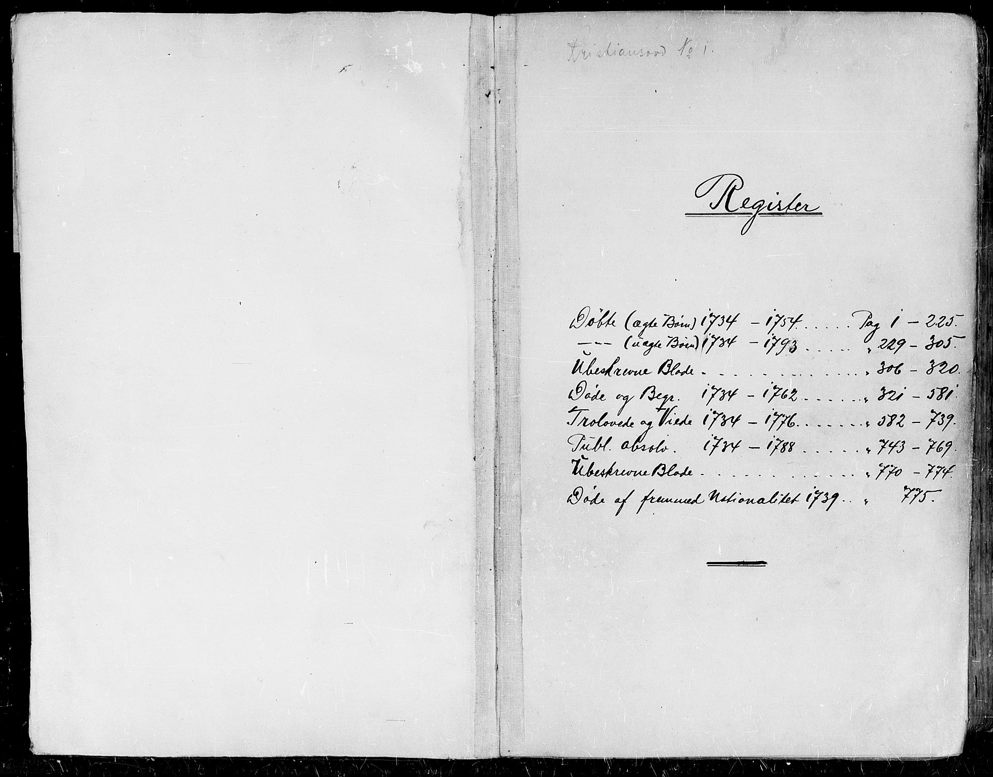 Kristiansand domprosti, AV/SAK-1112-0006/F/Fa/L0001: Ministerialbok nr. A 1, 1734-1793