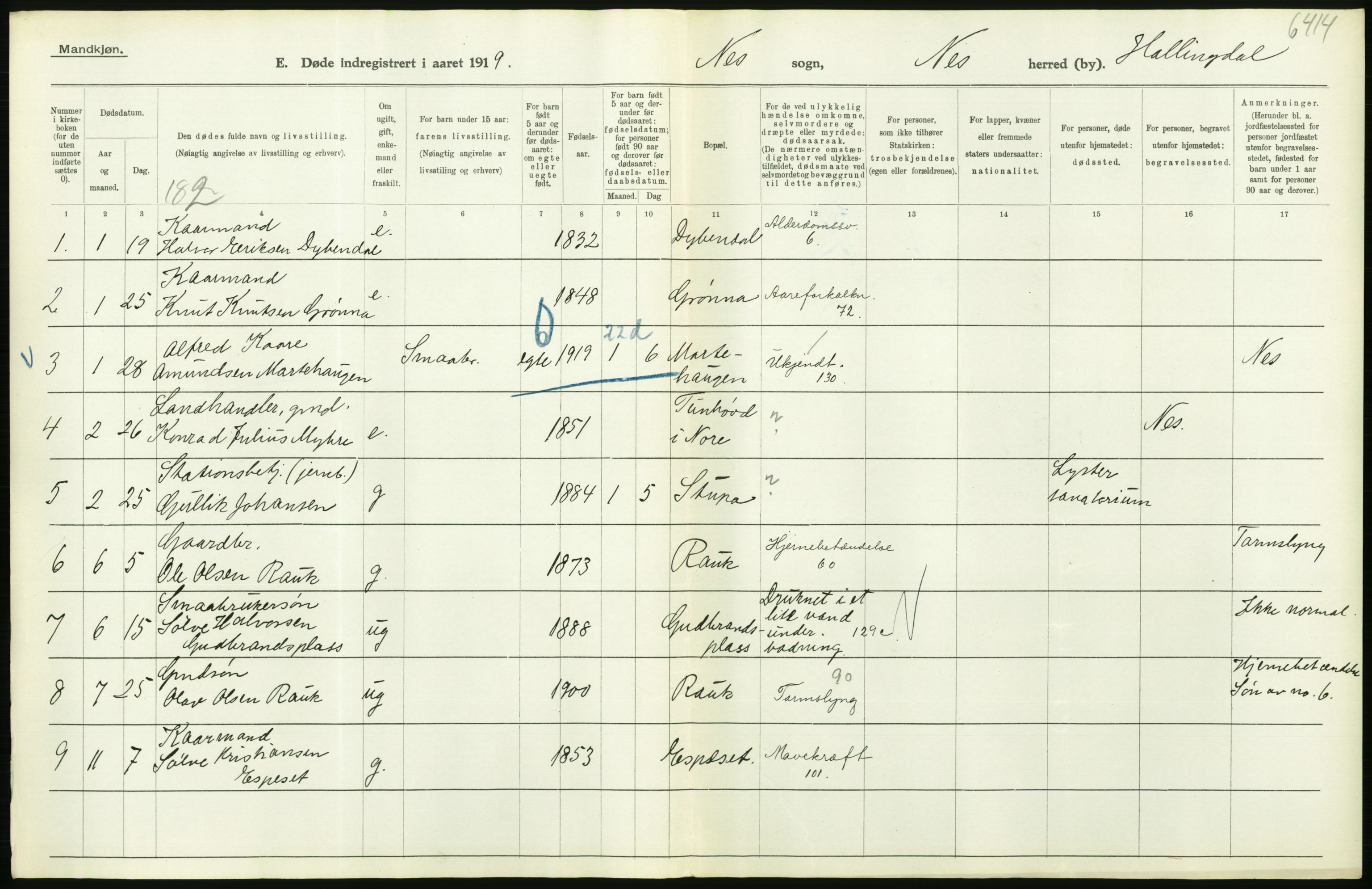 Statistisk sentralbyrå, Sosiodemografiske emner, Befolkning, AV/RA-S-2228/D/Df/Dfb/Dfbi/L0018: Buskerud fylke: Døde. Bygder og byer., 1919, s. 212