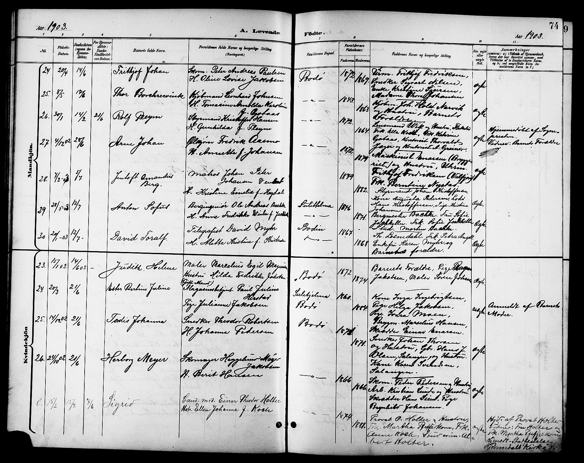 Ministerialprotokoller, klokkerbøker og fødselsregistre - Nordland, AV/SAT-A-1459/801/L0033: Klokkerbok nr. 801C08, 1898-1910, s. 74