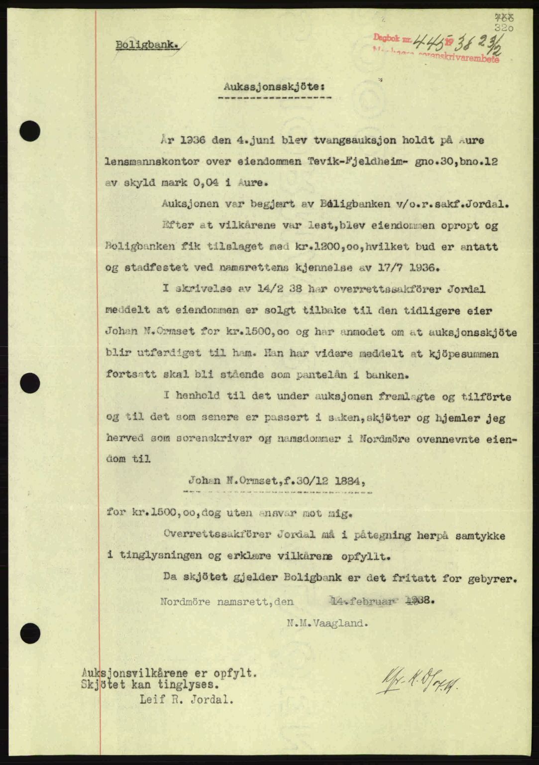 Nordmøre sorenskriveri, SAT/A-4132/1/2/2Ca: Pantebok nr. A83, 1938-1938, Dagboknr: 445/1938