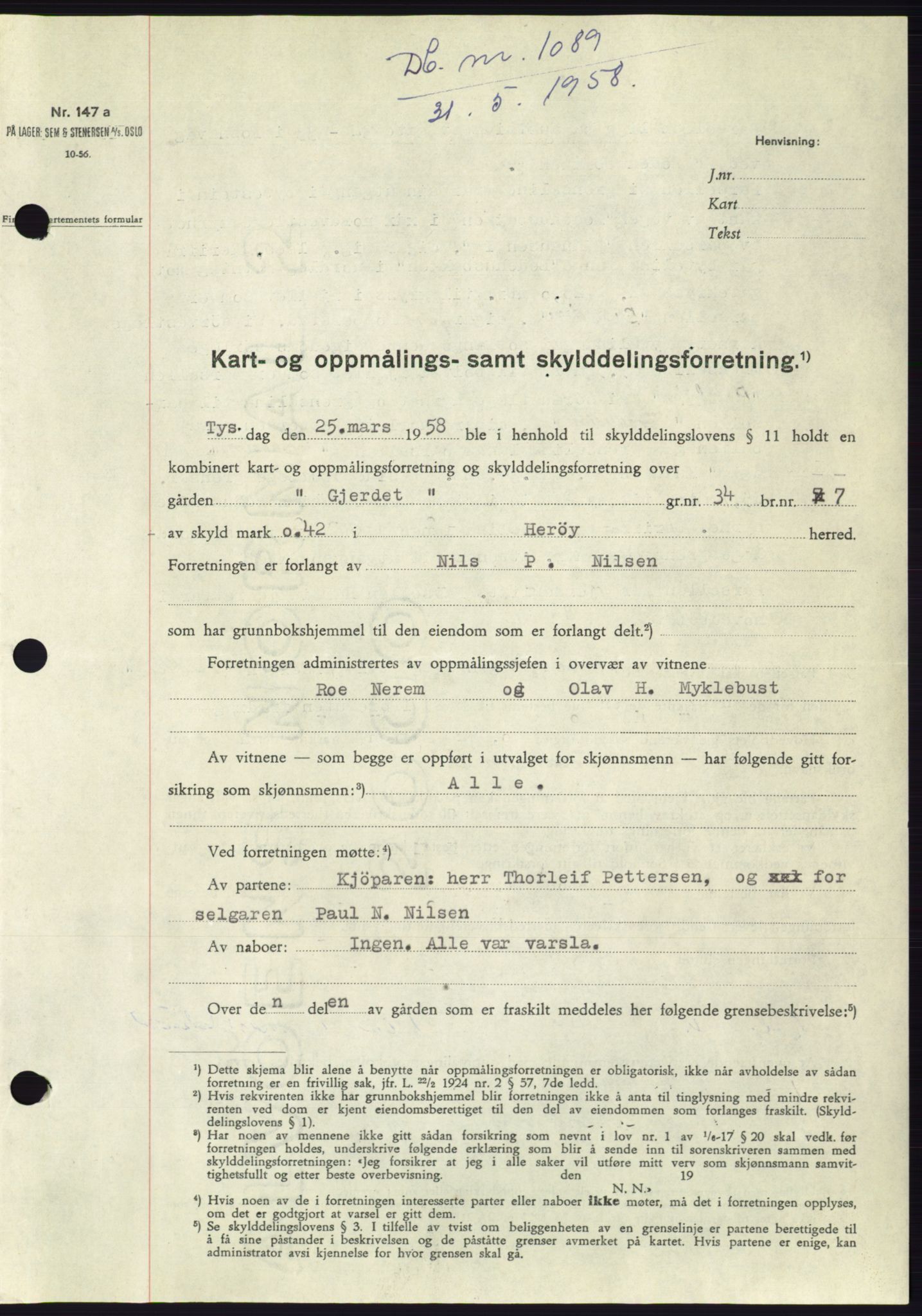 Søre Sunnmøre sorenskriveri, SAT/A-4122/1/2/2C/L0109: Pantebok nr. 35A, 1958-1958, Dagboknr: 1089/1958