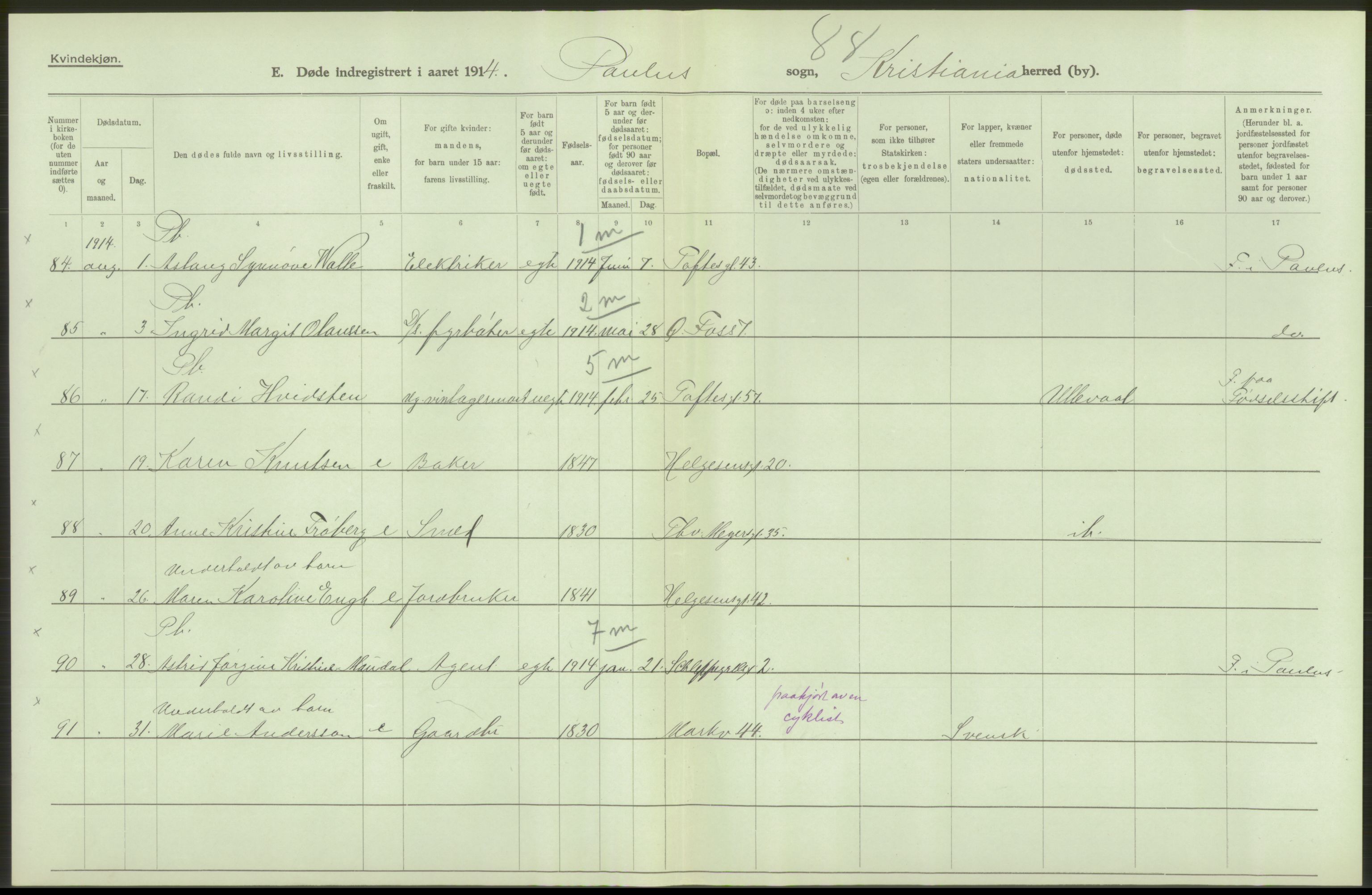 Statistisk sentralbyrå, Sosiodemografiske emner, Befolkning, AV/RA-S-2228/D/Df/Dfb/Dfbd/L0008: Kristiania: Døde, 1914, s. 294