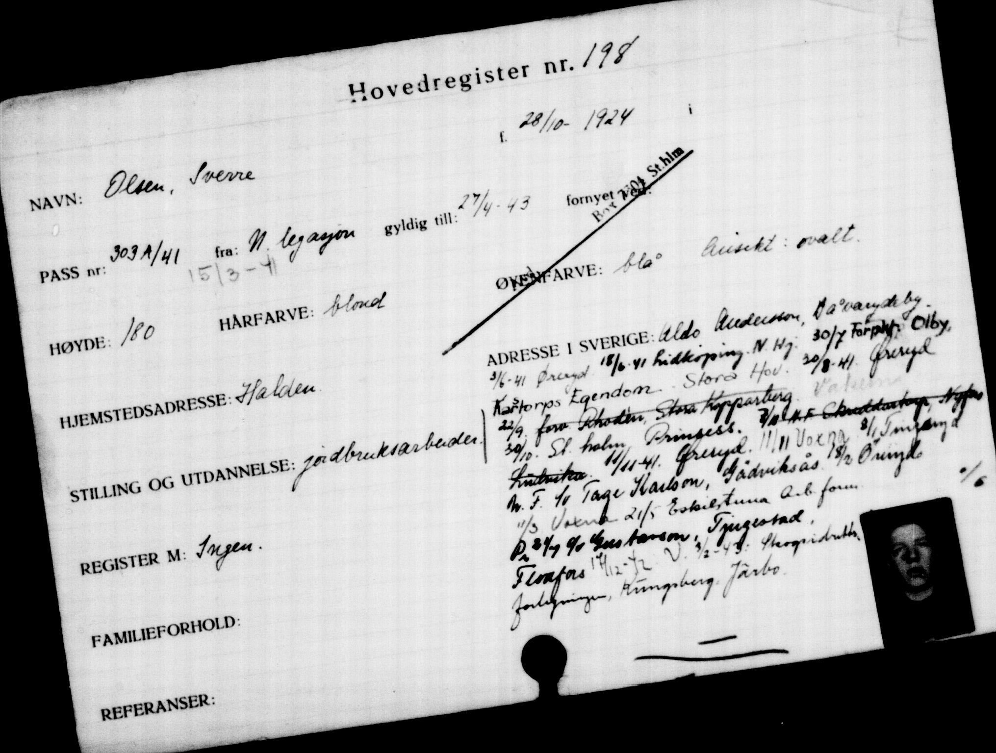 Utenriksstasjonene, Legasjonen i Stockholm, Flyktningkontoret, AV/RA-S-6753/V/Va/L0001: Kjesäterkartoteket, flyktninger med registreringsnr. 1-1000, 1940-1945, s. 321