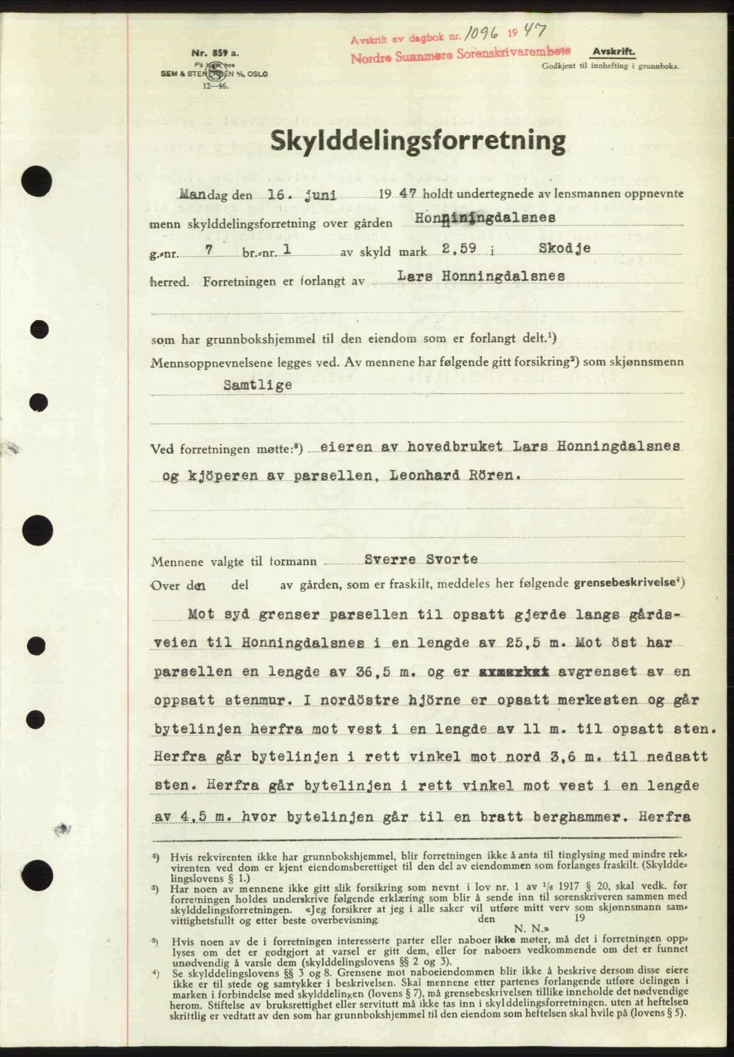 Nordre Sunnmøre sorenskriveri, SAT/A-0006/1/2/2C/2Ca: Pantebok nr. A24, 1947-1947, Dagboknr: 1096/1947