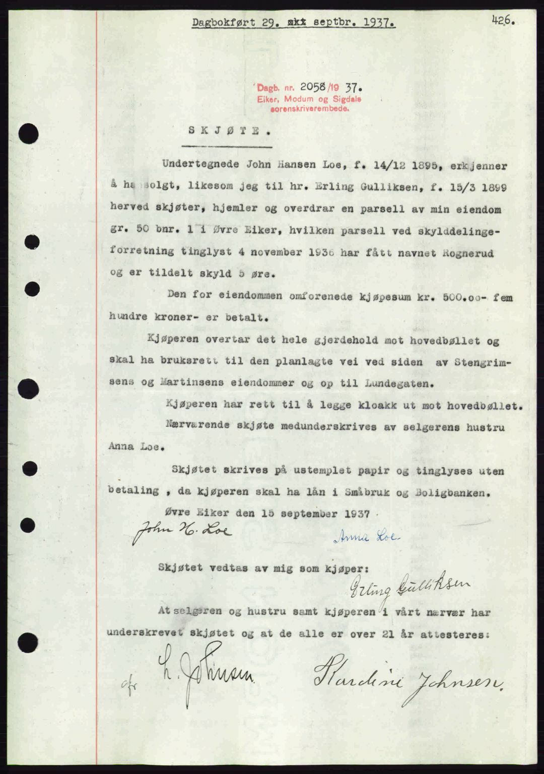 Eiker, Modum og Sigdal sorenskriveri, SAKO/A-123/G/Ga/Gab/L0036: Pantebok nr. A6, 1937-1937, Dagboknr: 2058/1937