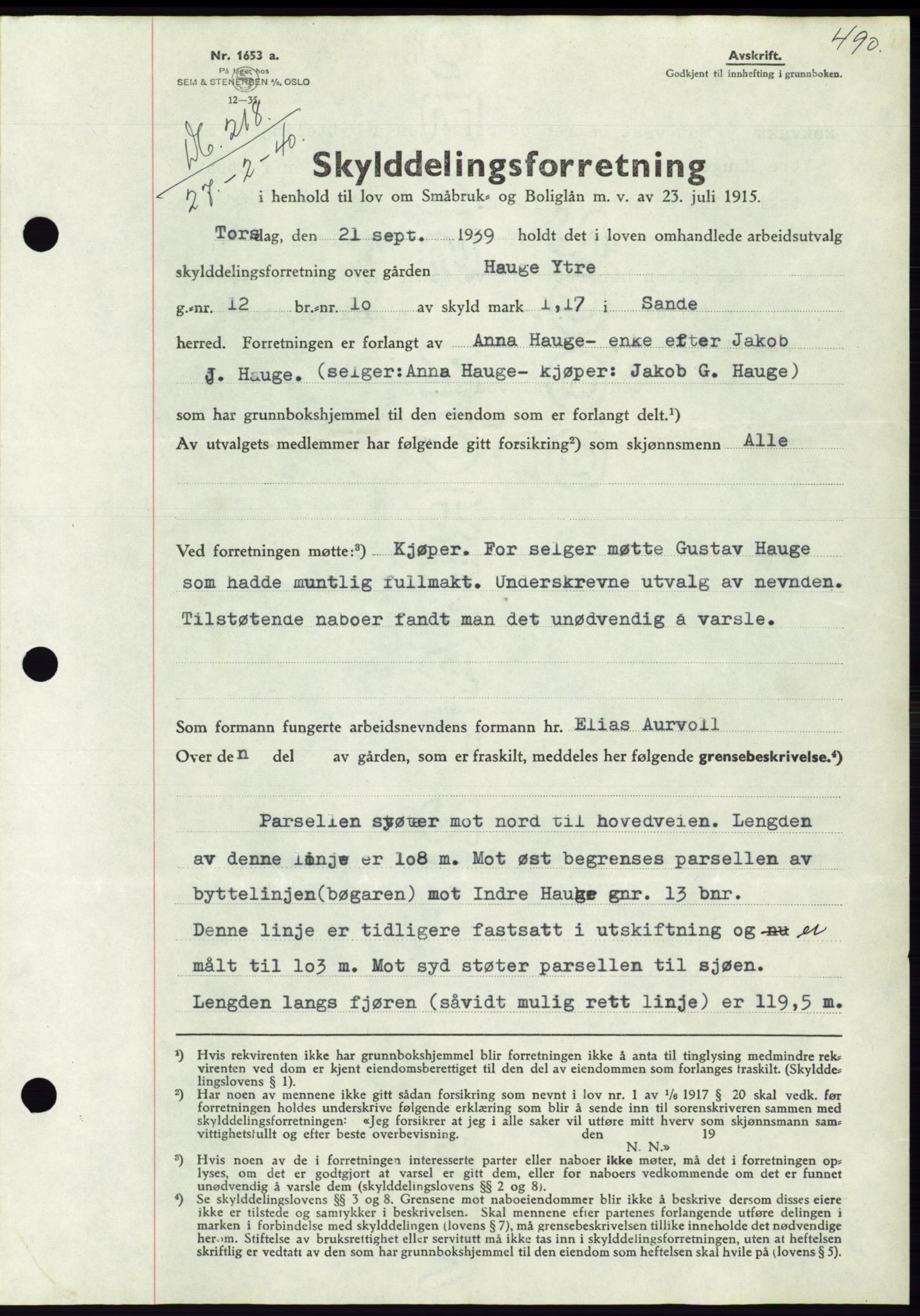 Søre Sunnmøre sorenskriveri, SAT/A-4122/1/2/2C/L0069: Pantebok nr. 63, 1939-1940, Dagboknr: 218/1940