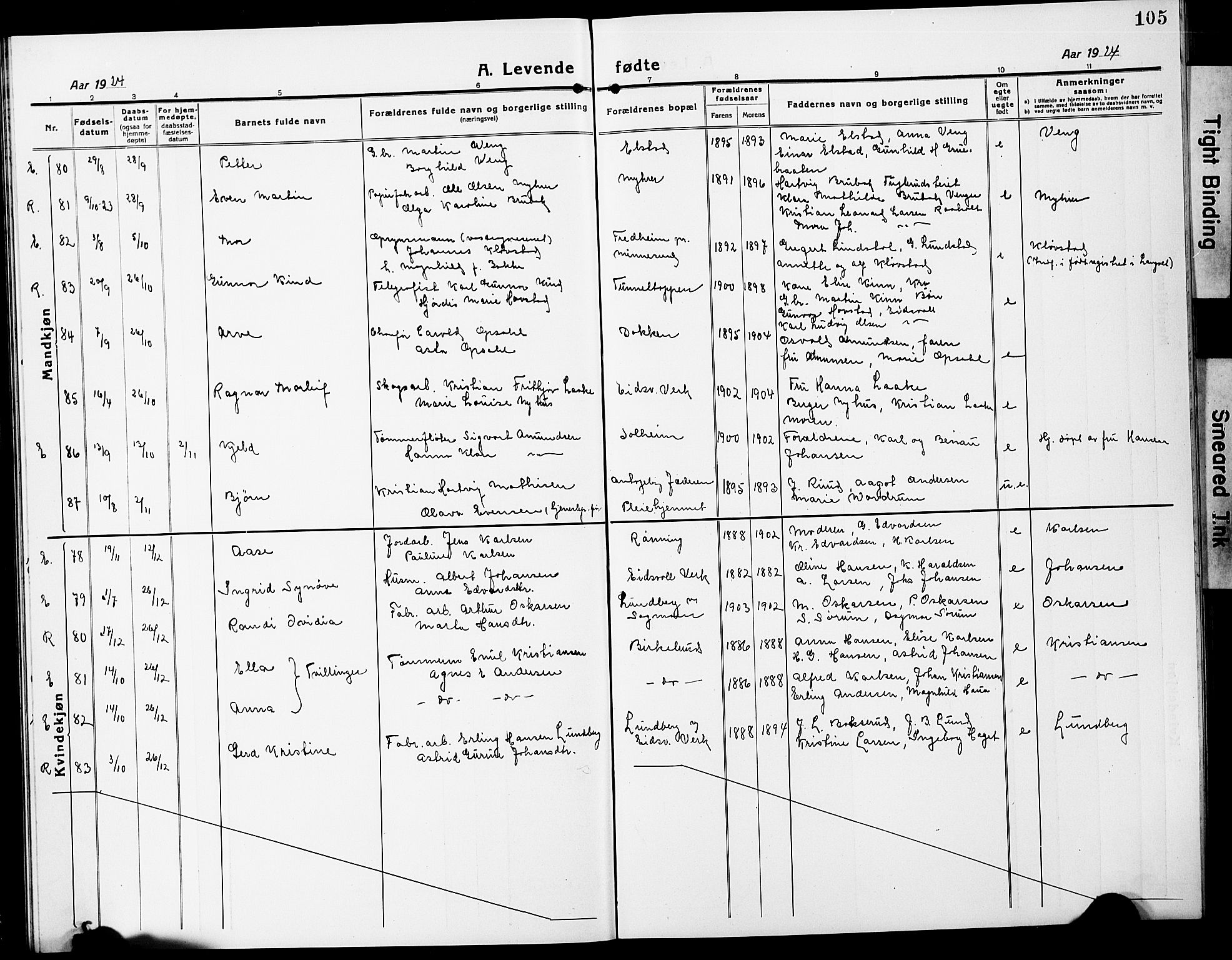Eidsvoll prestekontor Kirkebøker, AV/SAO-A-10888/G/Ga/L0010: Klokkerbok nr. I 10, 1919-1929, s. 105