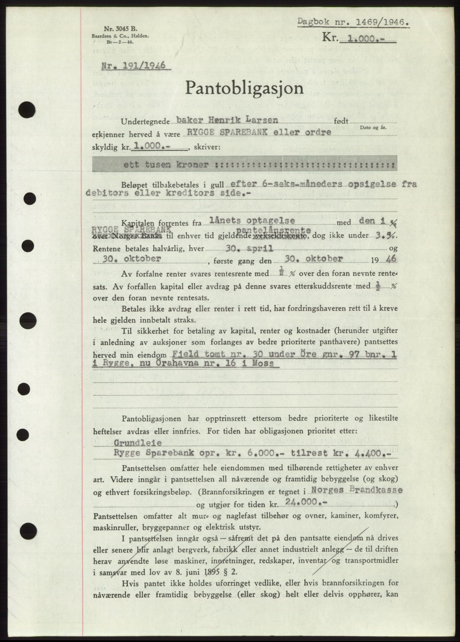 Moss sorenskriveri, SAO/A-10168: Pantebok nr. B15, 1946-1946, Dagboknr: 1469/1946