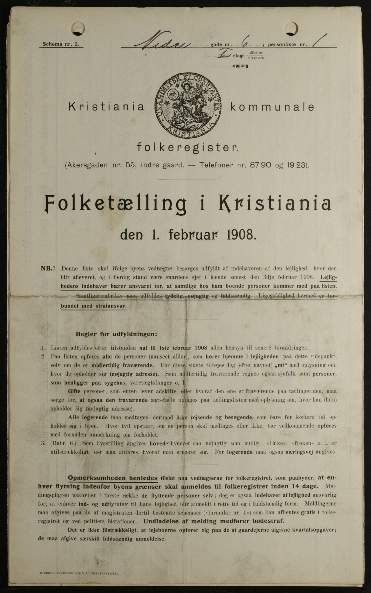 OBA, Kommunal folketelling 1.2.1908 for Kristiania kjøpstad, 1908, s. 62000