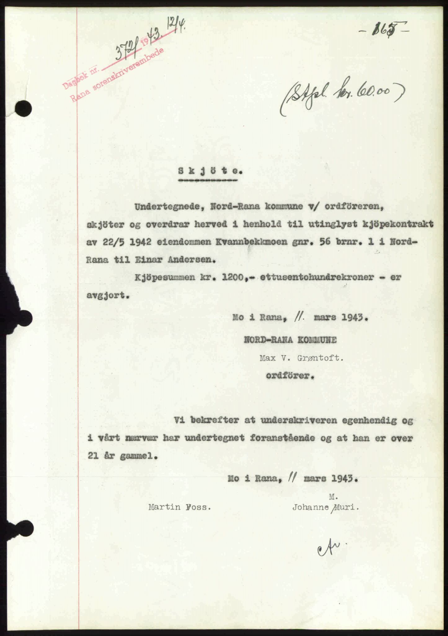 Rana sorenskriveri , SAT/A-1108/1/2/2C: Pantebok nr. A 10, 1942-1943, Dagboknr: 372/1943