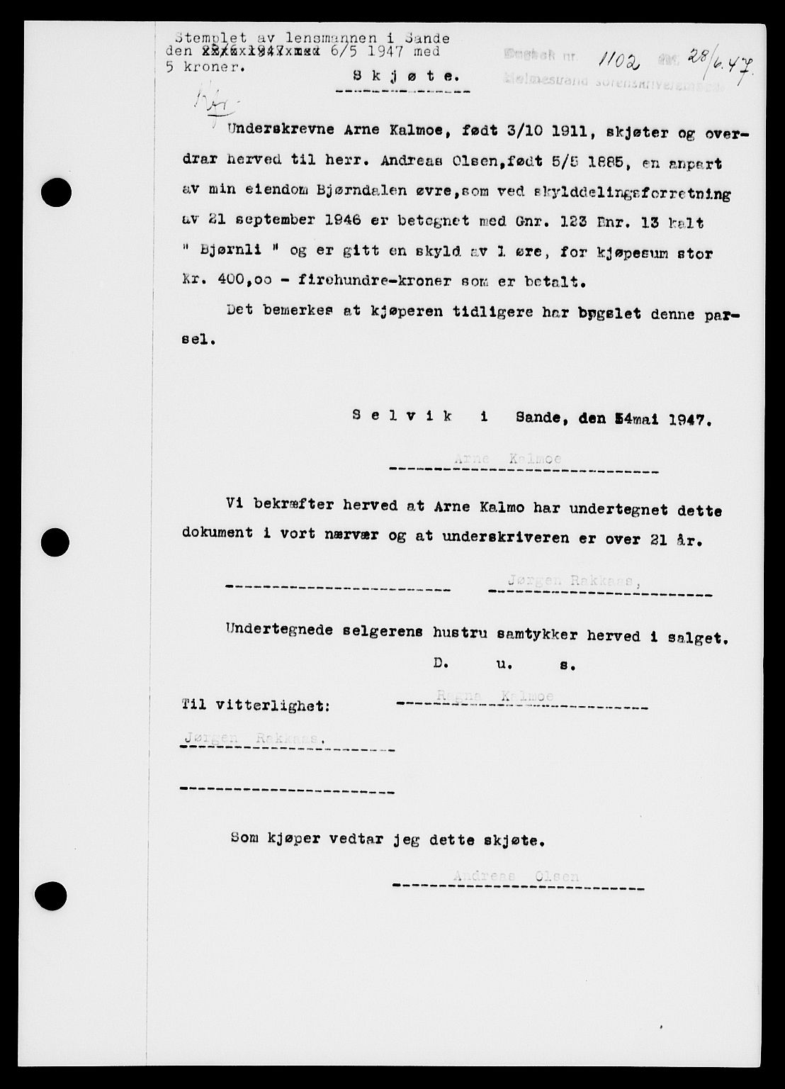 Holmestrand sorenskriveri, SAKO/A-67/G/Ga/Gaa/L0062: Pantebok nr. A-62, 1947-1947, Dagboknr: 1102/1947