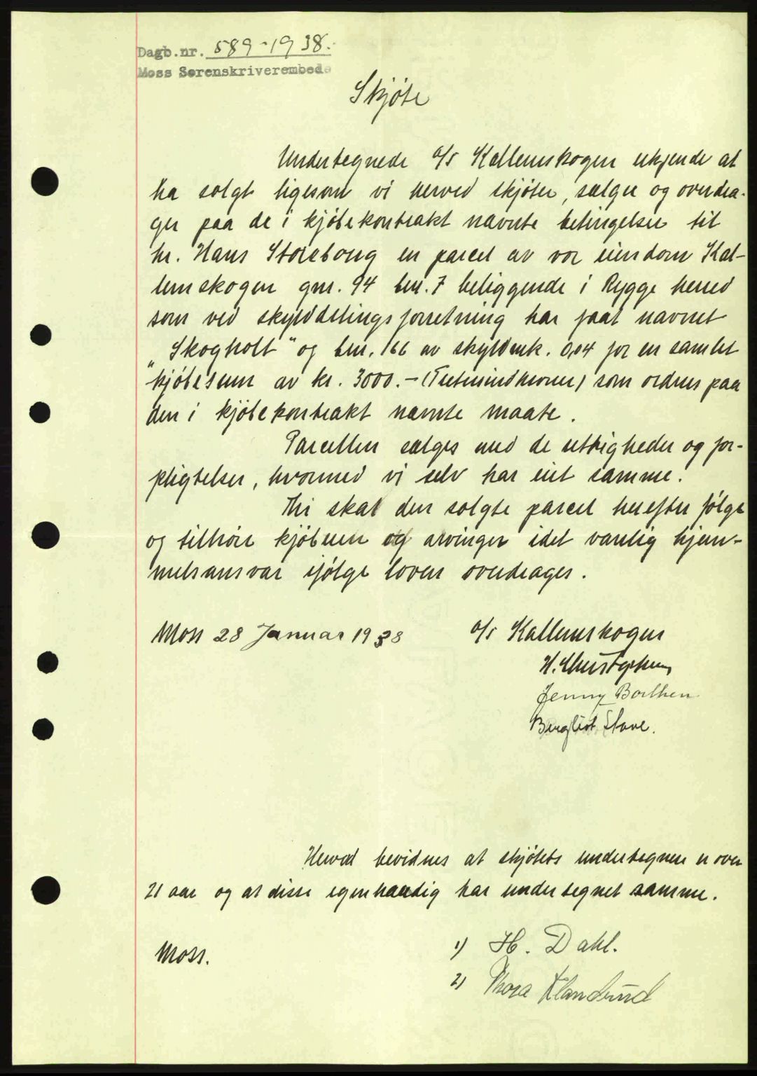 Moss sorenskriveri, SAO/A-10168: Pantebok nr. A4, 1938-1938, Dagboknr: 589/1938
